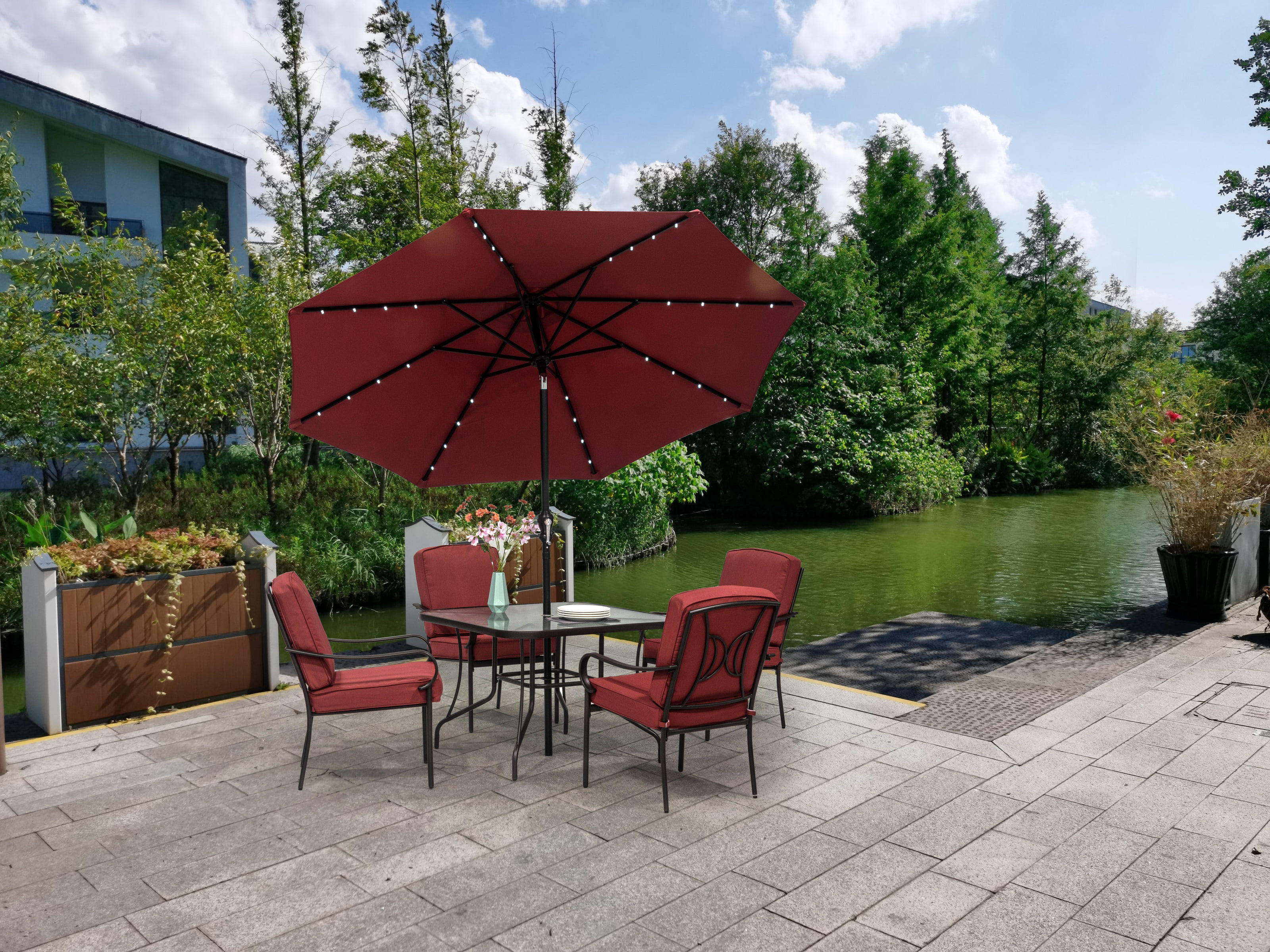 Outdoor Patio Garden Furniture Augusta 5-Piece Dining Set with 4 Cushioned Chairs, 1 Square Dining Table - Red