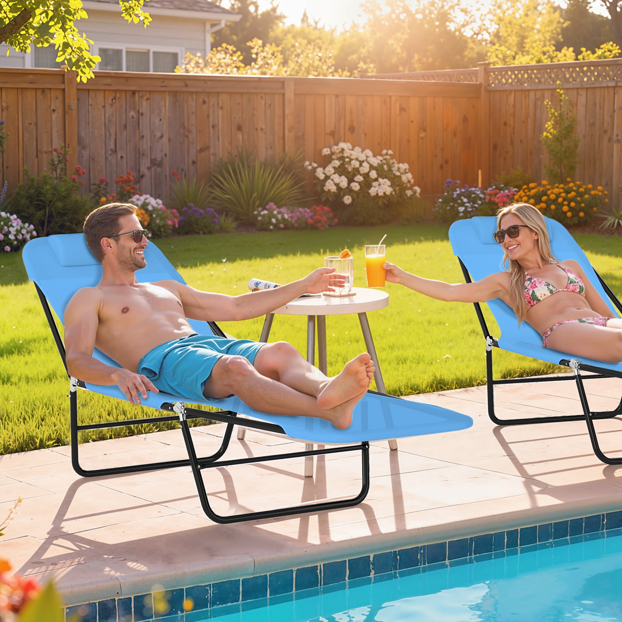 Outsunny Foldable Outdoor Chaise Lounge Chair, 6-Level Reclining Camping Tanning Chair with Breathable Mesh Fabric and Headrest, Blue