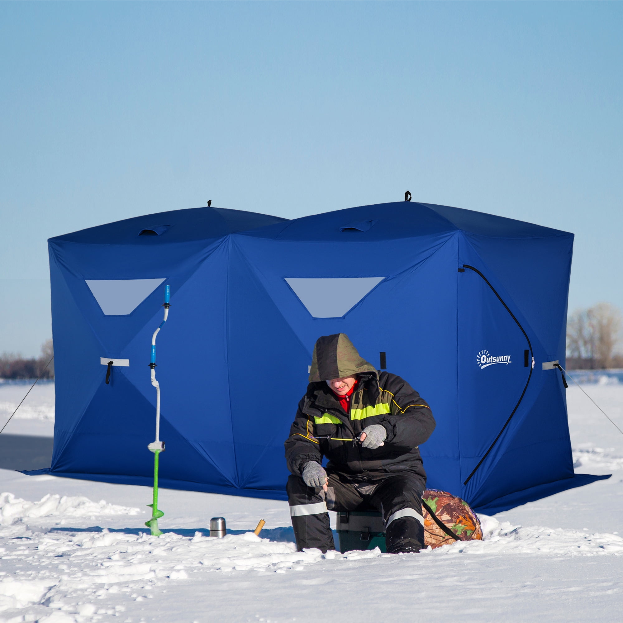 Outsunny 8 Person Ice Fishing Shelter, Pop-Up Portable Ice Fishing Tent with Carry Bag, 2 Doors, Windows & Anchors, Blue