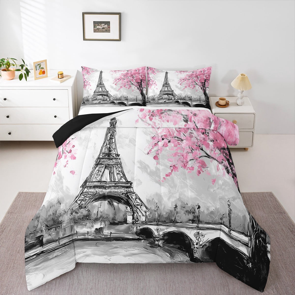 Paris Bedroom Comforter Set Twin,Eiffel Tower Bedding Sets For Teen Women Retro Romantic Pink and Grey Couple Valentine Bed Comforter Set Black Gray Room Decor 1 Comforter + 1 Pillow Case