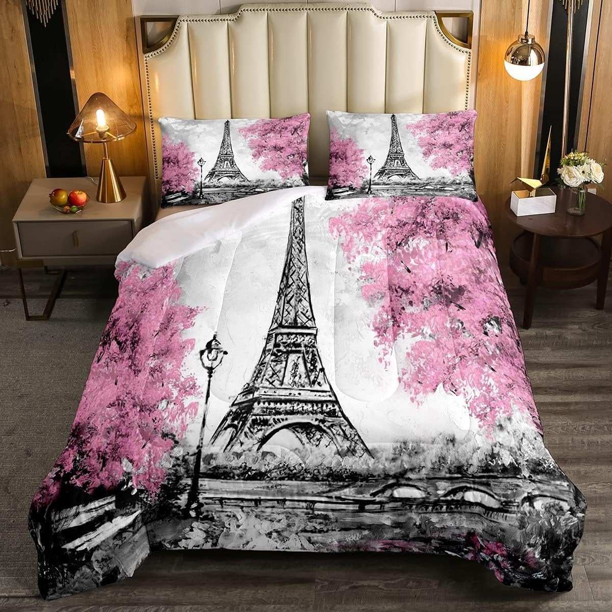 Paris Bedroom Comforter Set Twin,Eiffel Tower Bedding Sets For Teen Women Retro Romantic Pink and Grey Couple Valentine Bed Comforter Set Black Gray Room Decor 1 Comforter + 1 Pillow Case