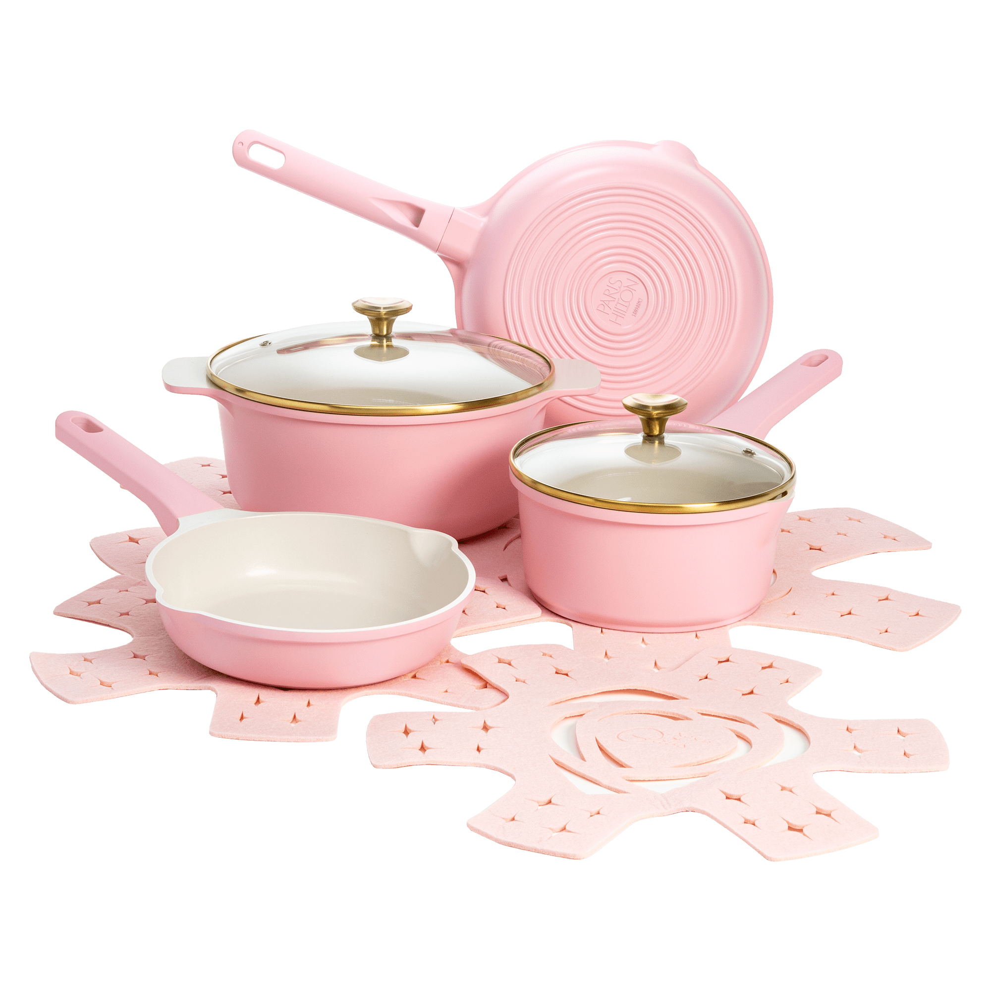 Paris Hilton 10-Piece Clean Ceramic Nonstick Cooking Pots and Pans with Lids Cookware Set with Heart Shaped Lid Knobs, Pink