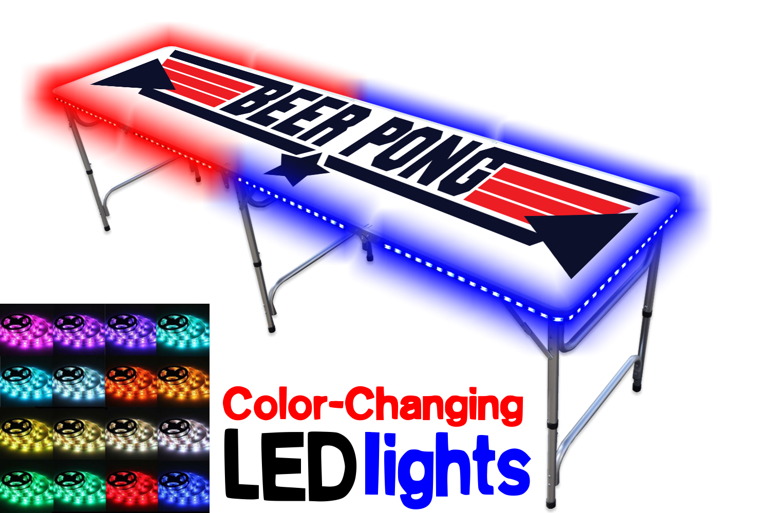 Party Pong Top Pong Edition Color Changing LED Lights, 8-Foot Professional Beer Pong Table