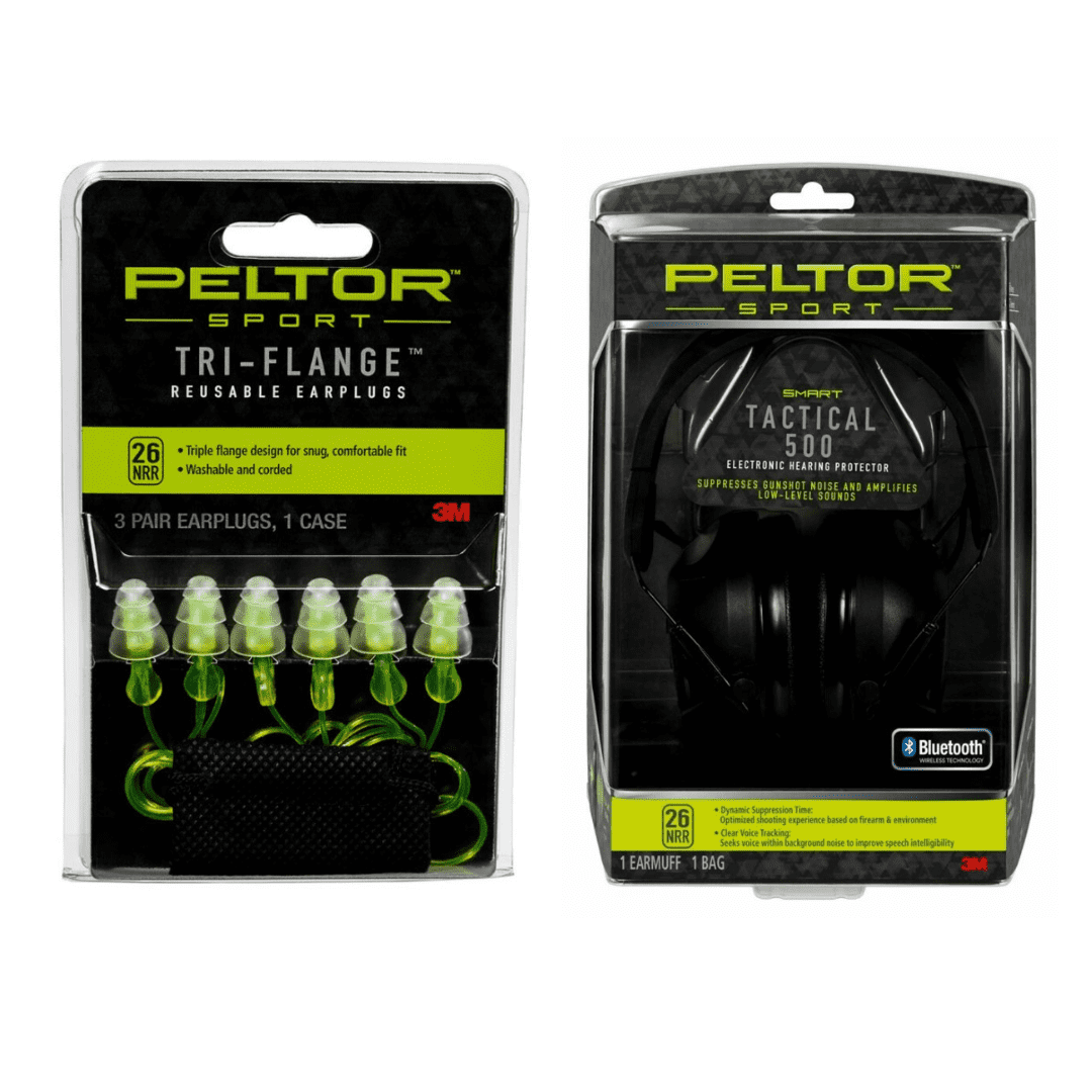 Peltor Sport Safety Bundle: Tri-Flange Earplugs 3 Pack, NRR 26 dB with Tactical 500 Electronic Earmuffs, Bluetooth, NRR 26 dB