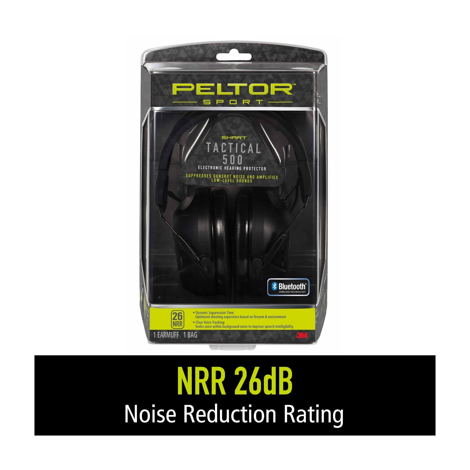 Peltor Sport Tactical 500 Electronic Hearing Protection Earmuffs, Bluetooth-Enabled, Black, NRR 25 dB