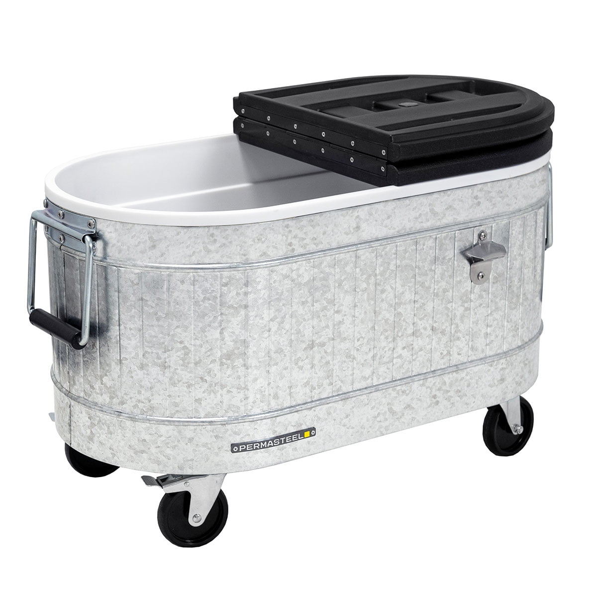Permasteel Galvanized Cooler with Wheels, Offers 36-Hours Of Ice Retention, Fits Up To 110 Cans (or 24 Wine Bottles), Heavy Duty Casters, Threaded Drain Plug, Built-In Bottle Opener