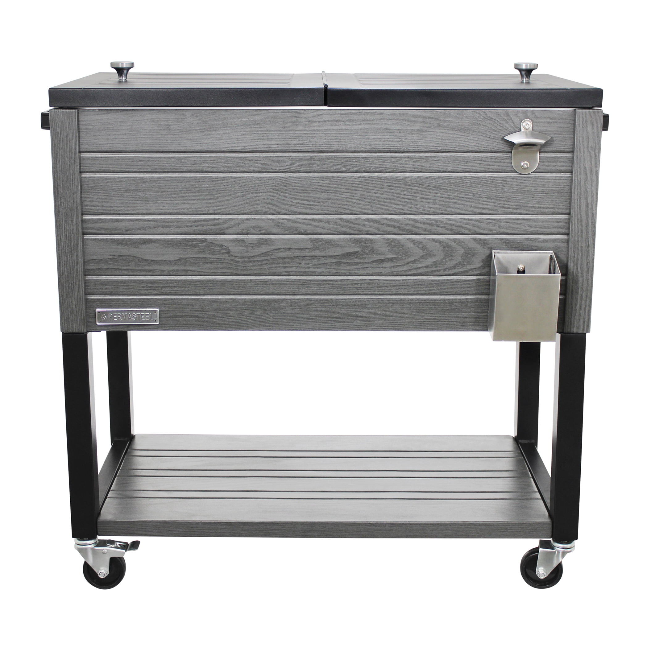Permasteel 80 Quart Patio Cooler with Wheels, Rolling Outdoor Cooler, Wood Grain Accent, Gray