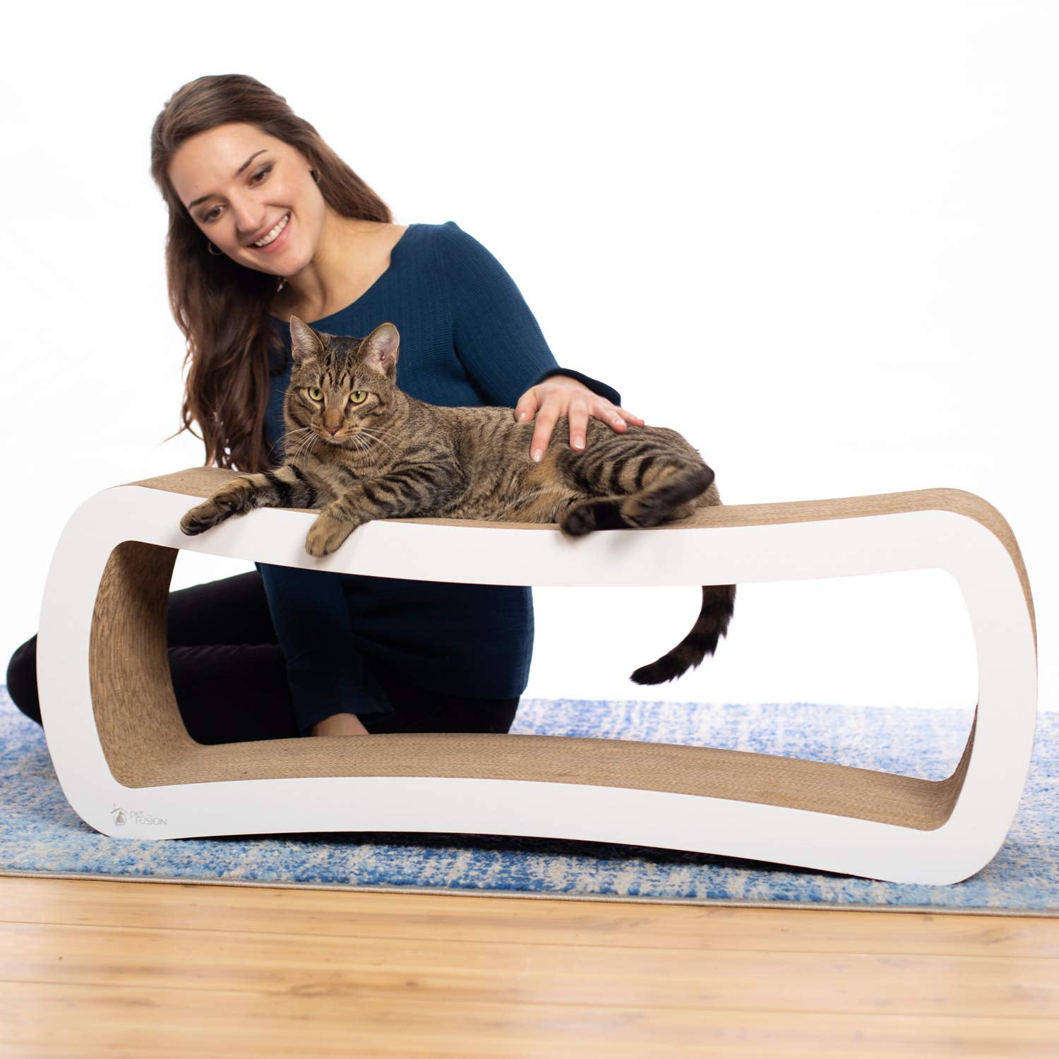 PetFusion Jumbo 2 level Cat Scratcher Lounge Scratch, Play, Perch, and Hide Pet Furniture, 39" x 11" x 14", White