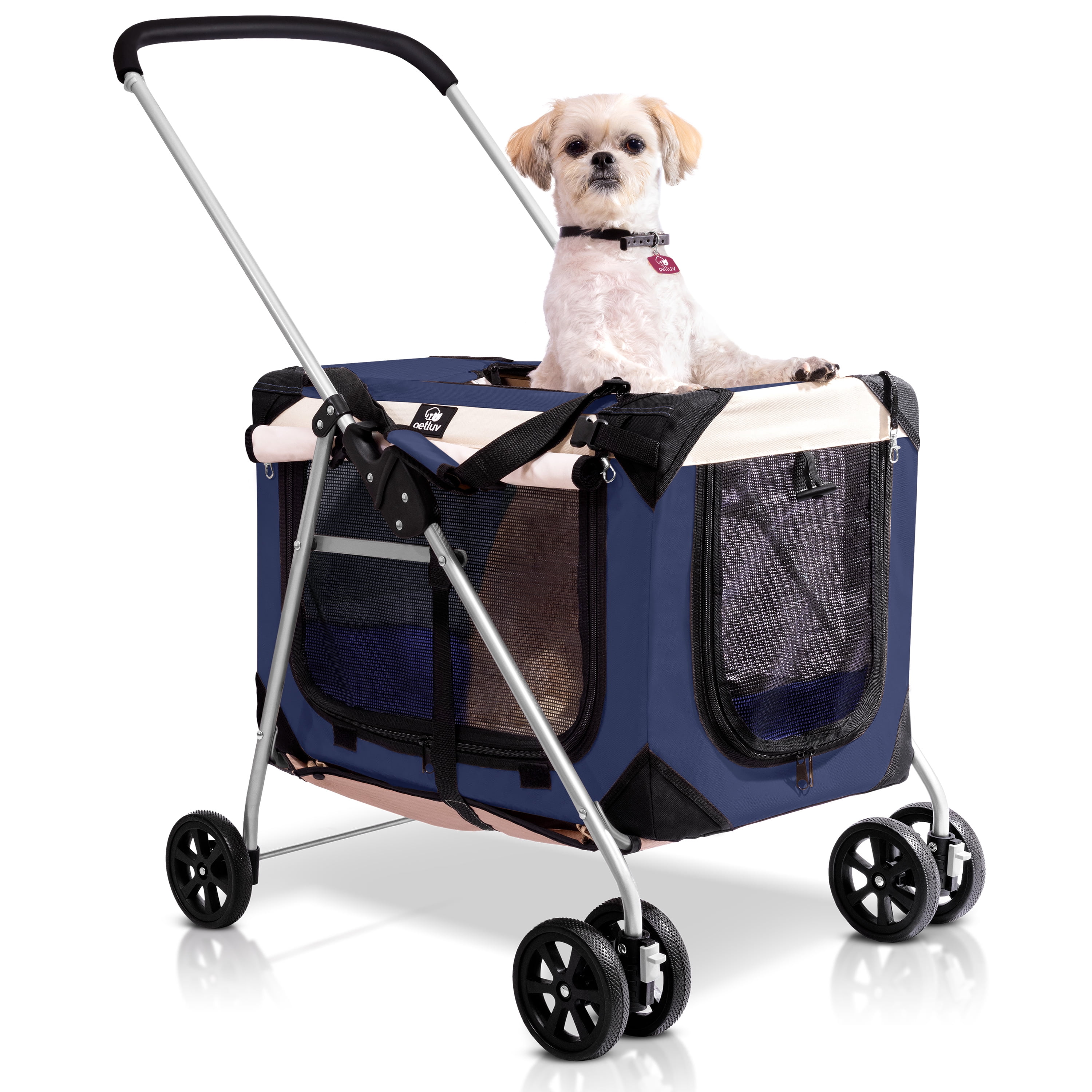 PetLuv Cat and Dog Stroller, Soft Sided Detachable Pet Carrier & Travel Crate, Plush Bed, Locking Zippers, Privacy Windows, Collapsible, Locking Wheels