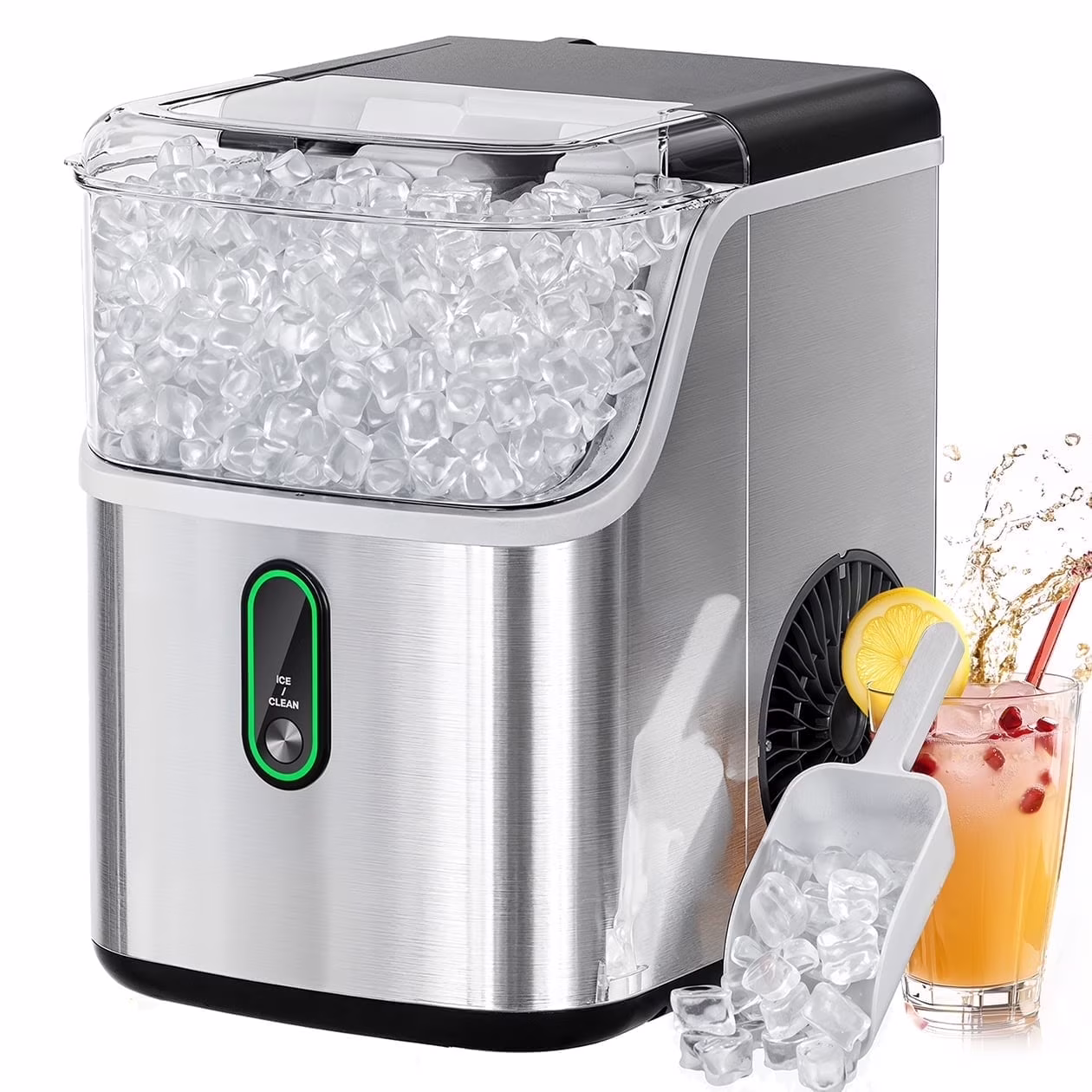 Philergo Nugget Ice Maker Countertops, 35 lbs/24hr, Portable Pebble Ice Maker Machine with Self-Cleaning, Crushed Sonic ice maker with Soft Chewable Ice for Home, Kitchen, RV, Stainless Steel