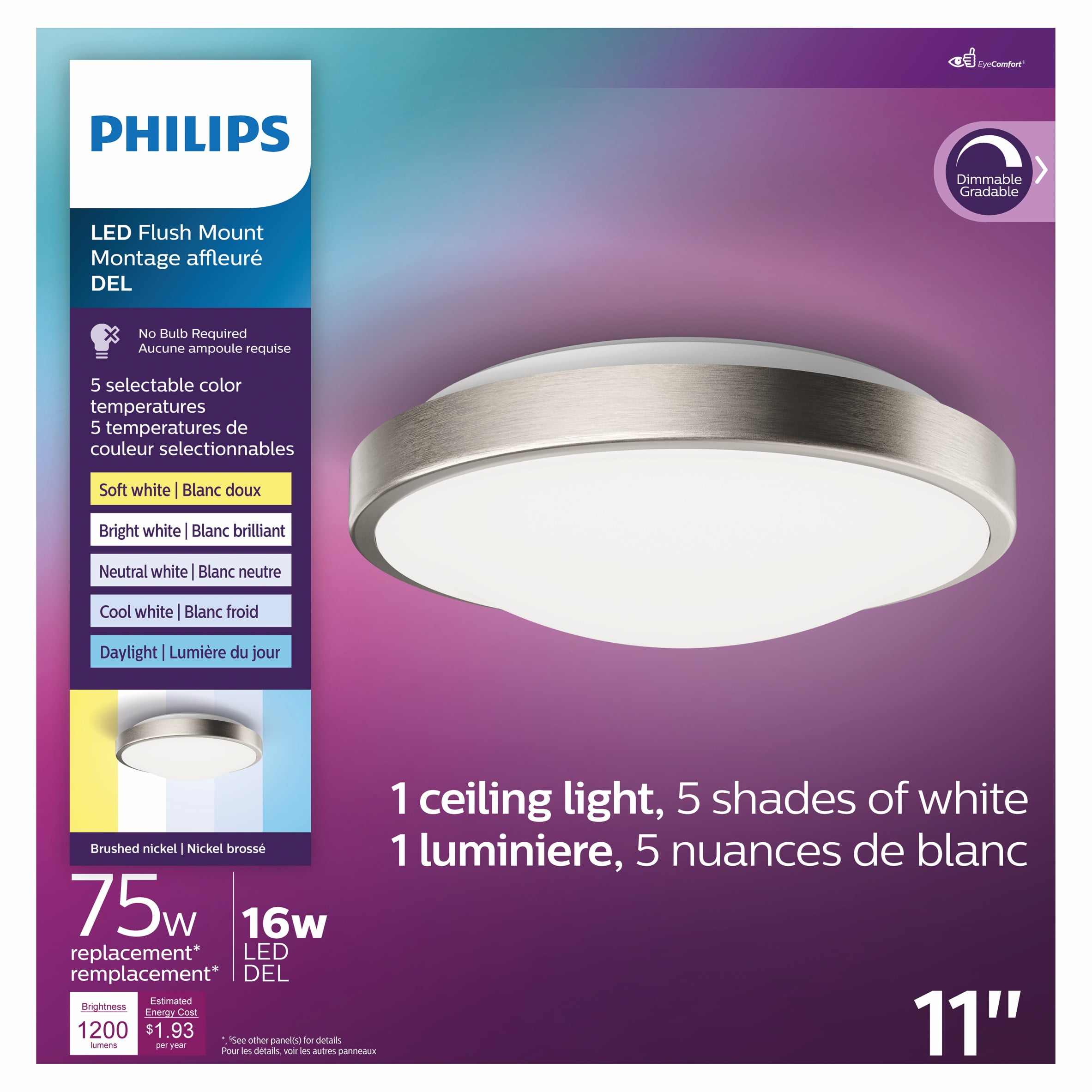 Philips LED 90-Watt 11" Ceiling Light, 5 Shades of White, White, Dimmable, Flush Mount (1-Pack)