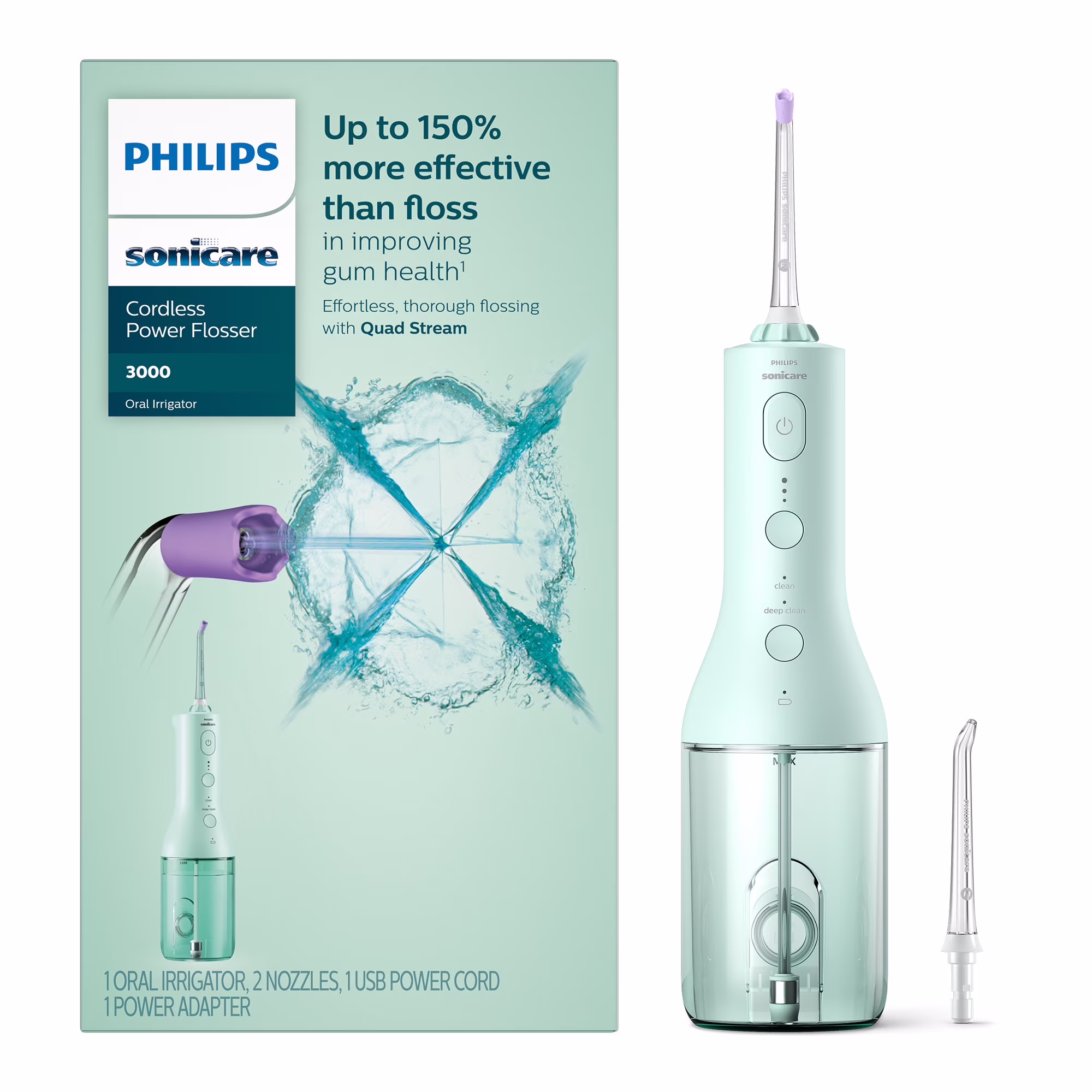 Philips Sonicare Cordless Power Flosser 3000 - Water Flosser with Innovative Quad Stream Technology, Oral Irrigator with 2 Flossing Modes and 3 Pressure Levels, Ipx7 Waterproof, Mint, HX3826/24