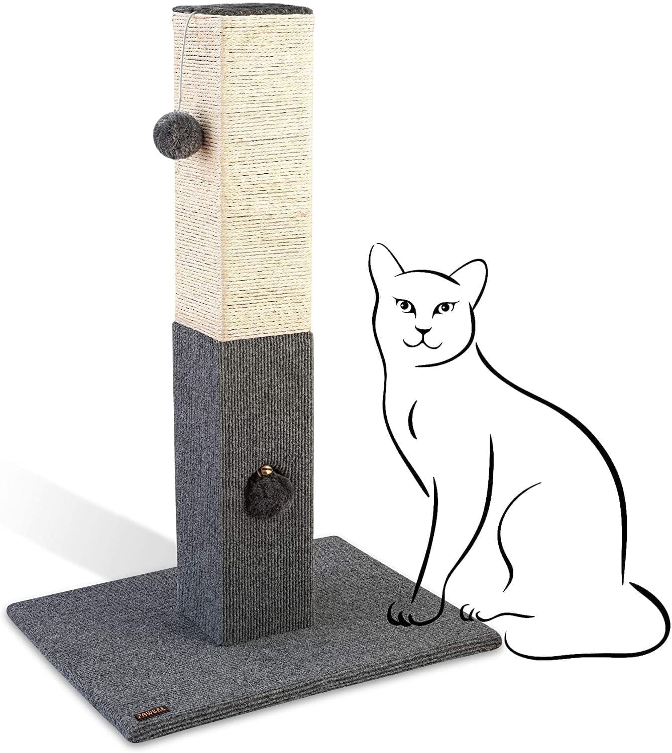 PAWBEE Cat Scratching Post with Softball & Jingle Bell Toy, 32-inch Tower, Off-White