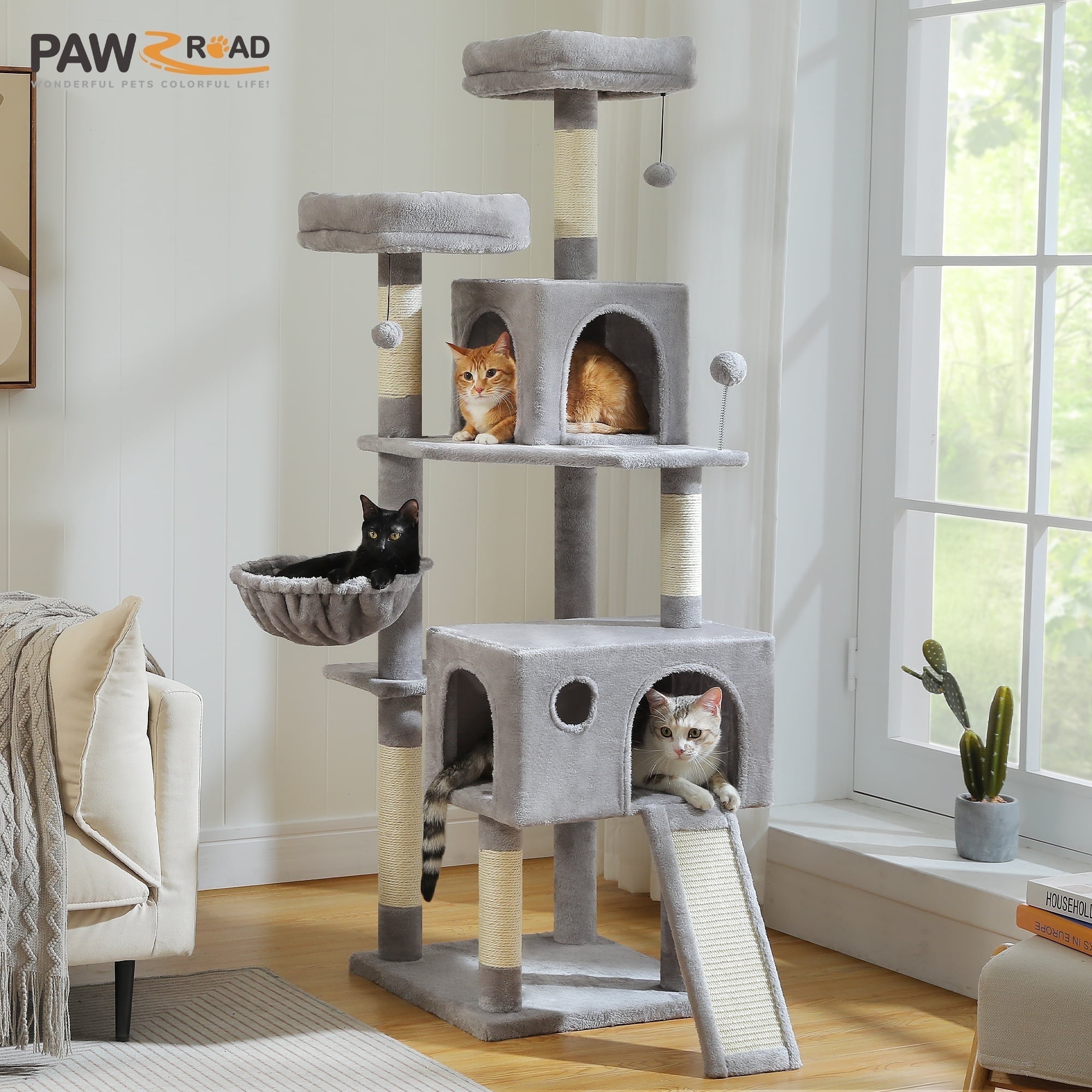 PAWZ Road 64" Cat Tree Large Cat Tower Multi-Level Cat Scratching Post Tower, Gray
