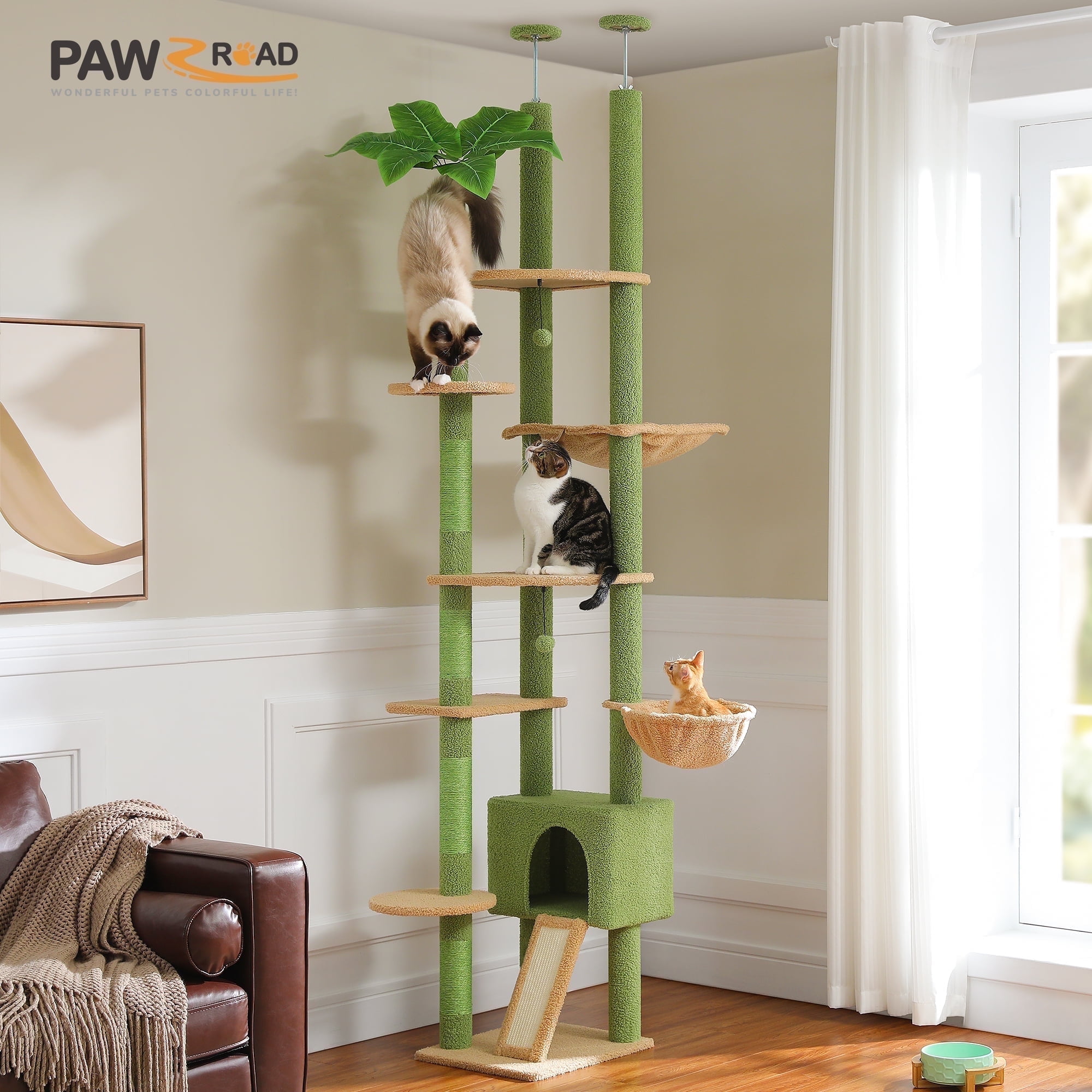 PAWZ Road 90.5-100.4" Floor to Ceiling Cat Tree Tower, Adjustable Climbing Tree for Indoor Cats, Green