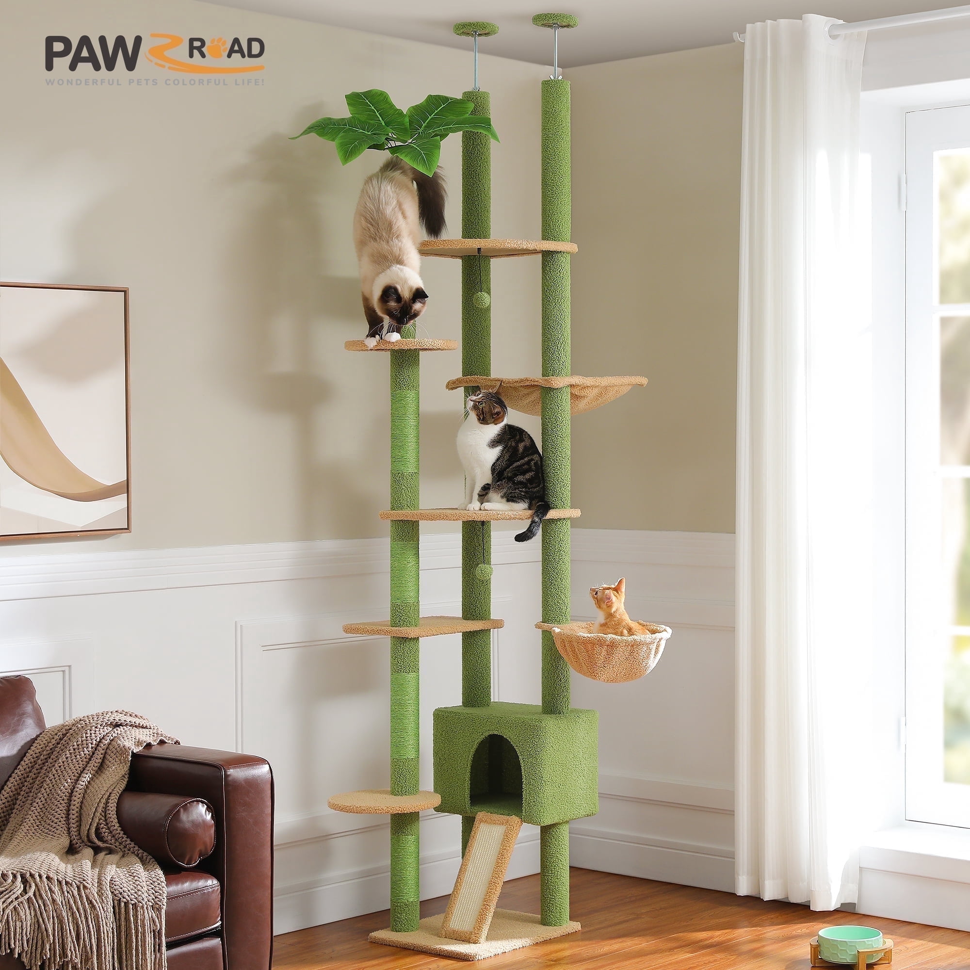PAWZ Road 90.5-100.4" Floor to Ceiling Cat Tree Tower, Adjustable Climbing Tree for Indoor Cats, Green