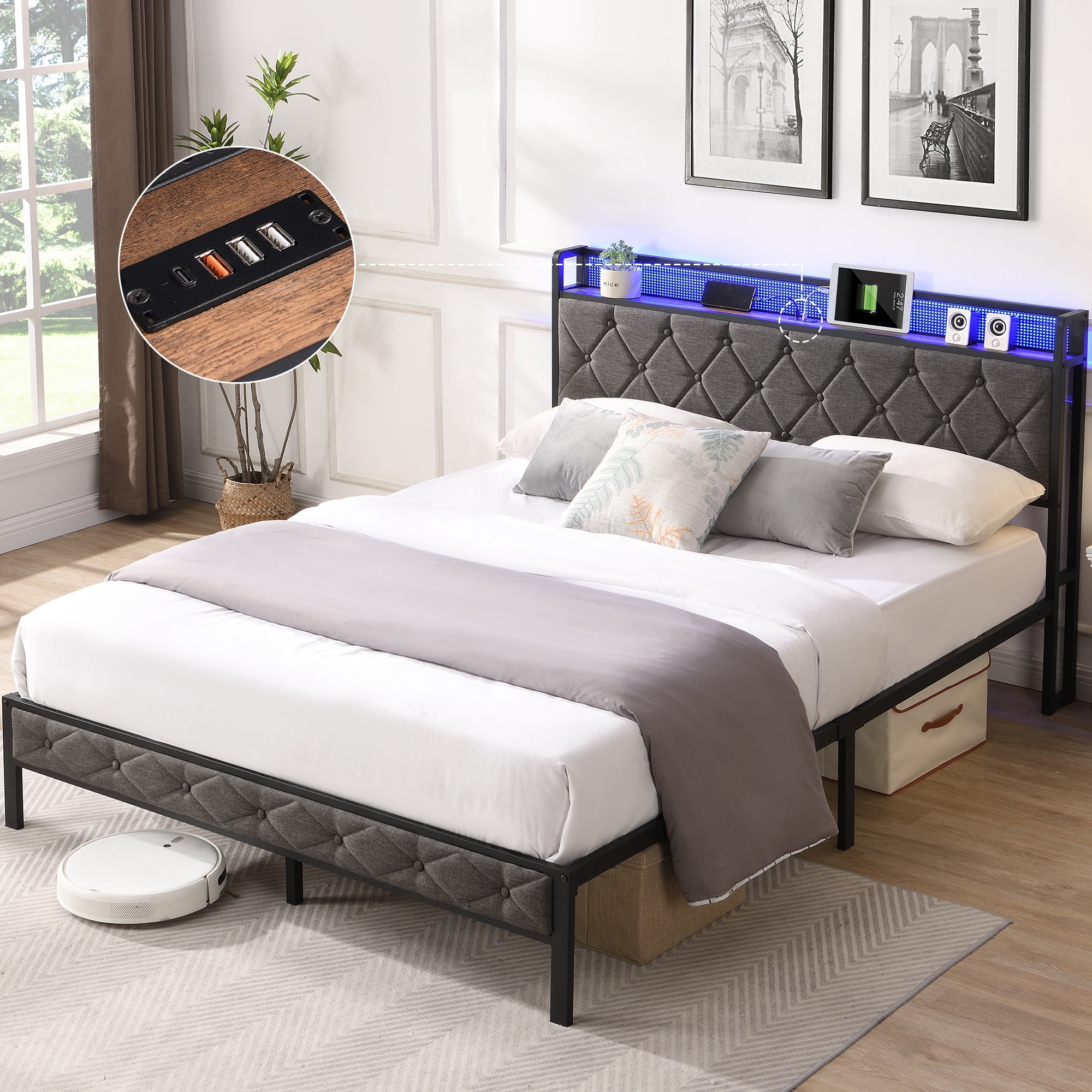 PAPROOS Full Bed Frame with Storage Headboard, Charging Station and LED Lights, Full Size Upholstered Platform Bed, No Box Spring Needed, Dark Gray