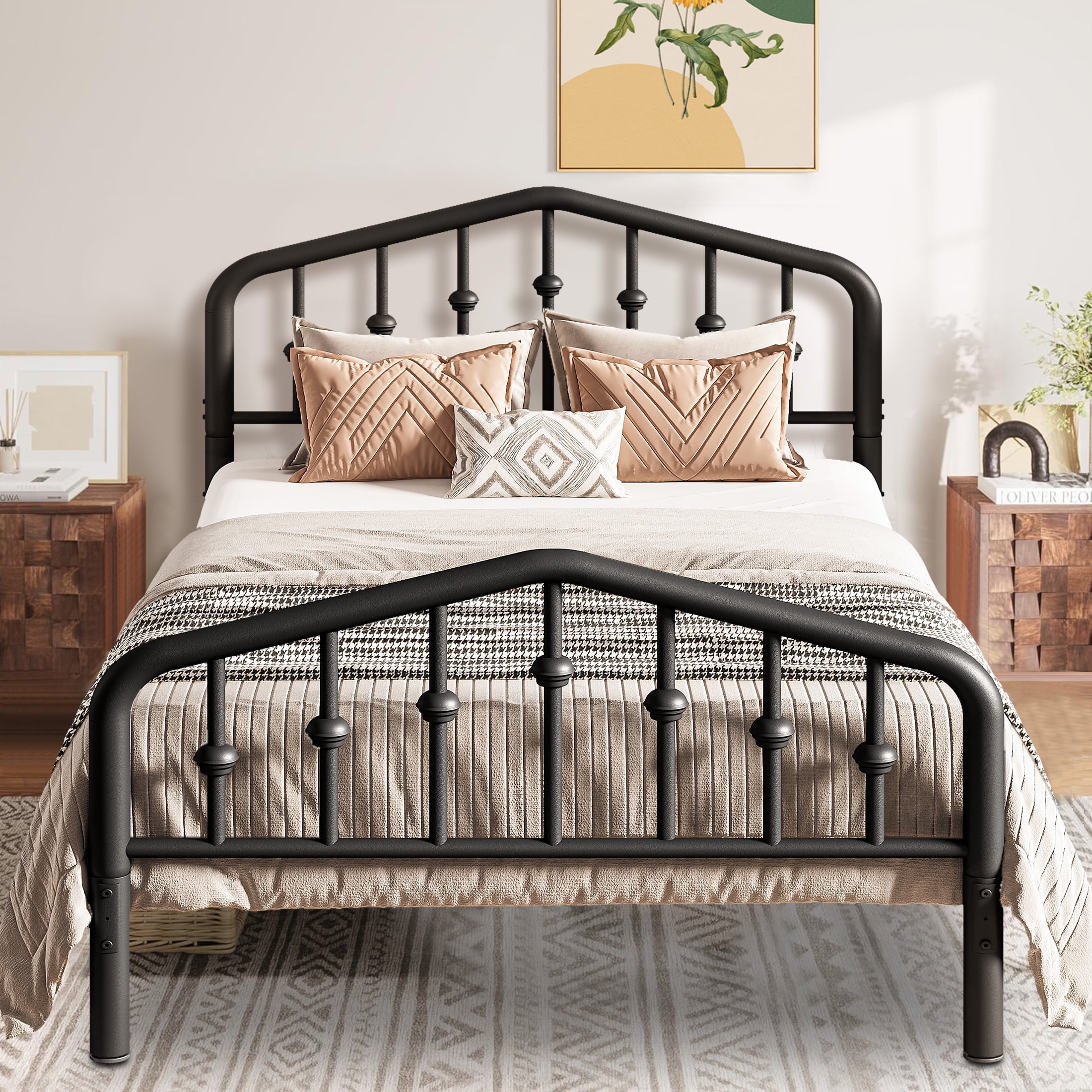 PAPROOS Twin Bed Frame with Victorian Vintage Headboard and Footboard, Metal Platform Bed with Under Bed Storage, No Box Spring Needed, Noise Free, Black
