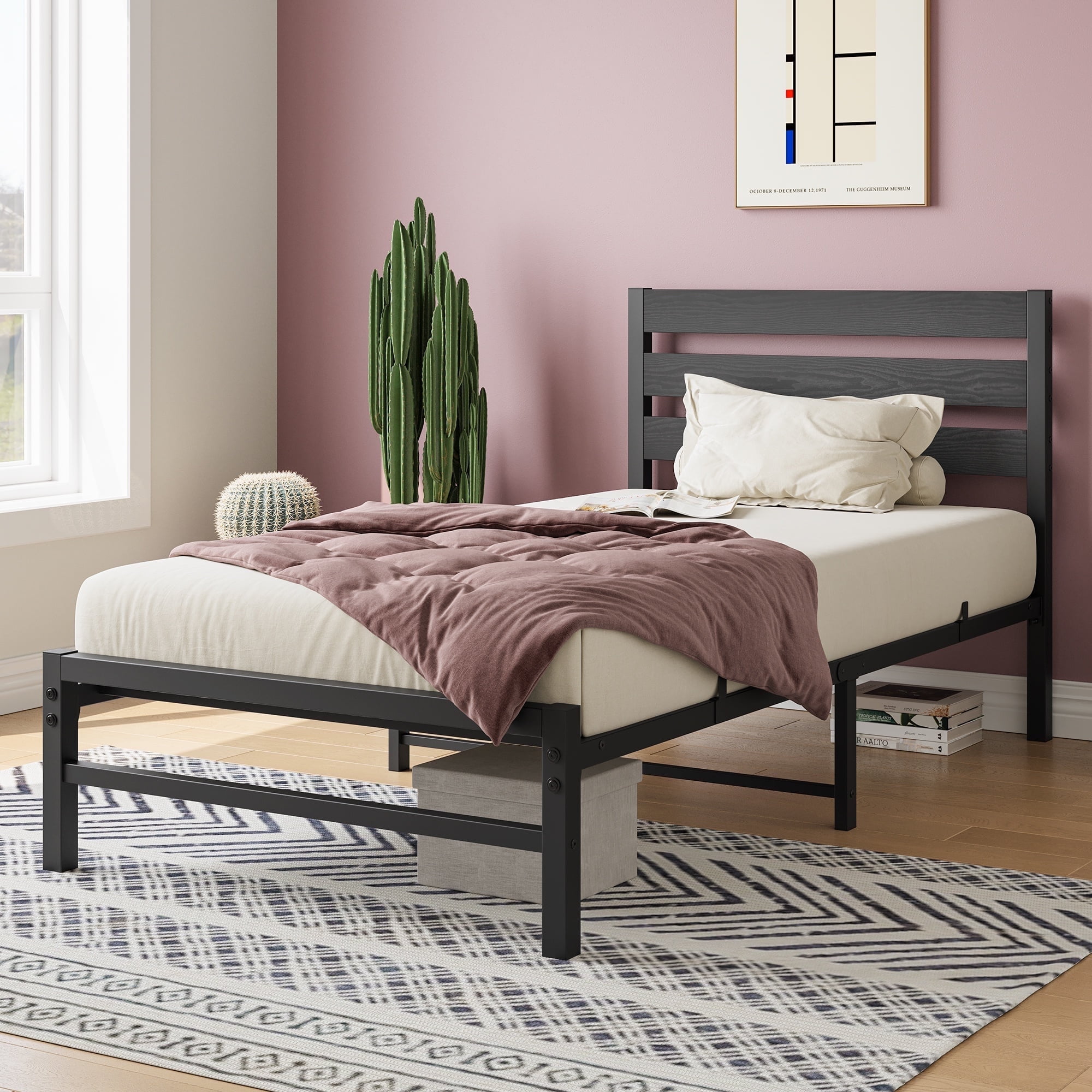 PAPROOS Twin Bed Frame, Metal Twin Bed with Wooden Panel Headboard, Platform Bed with Underbed Storage, Twin Size Metal Bed Frame, No Box Spring Needed, Black