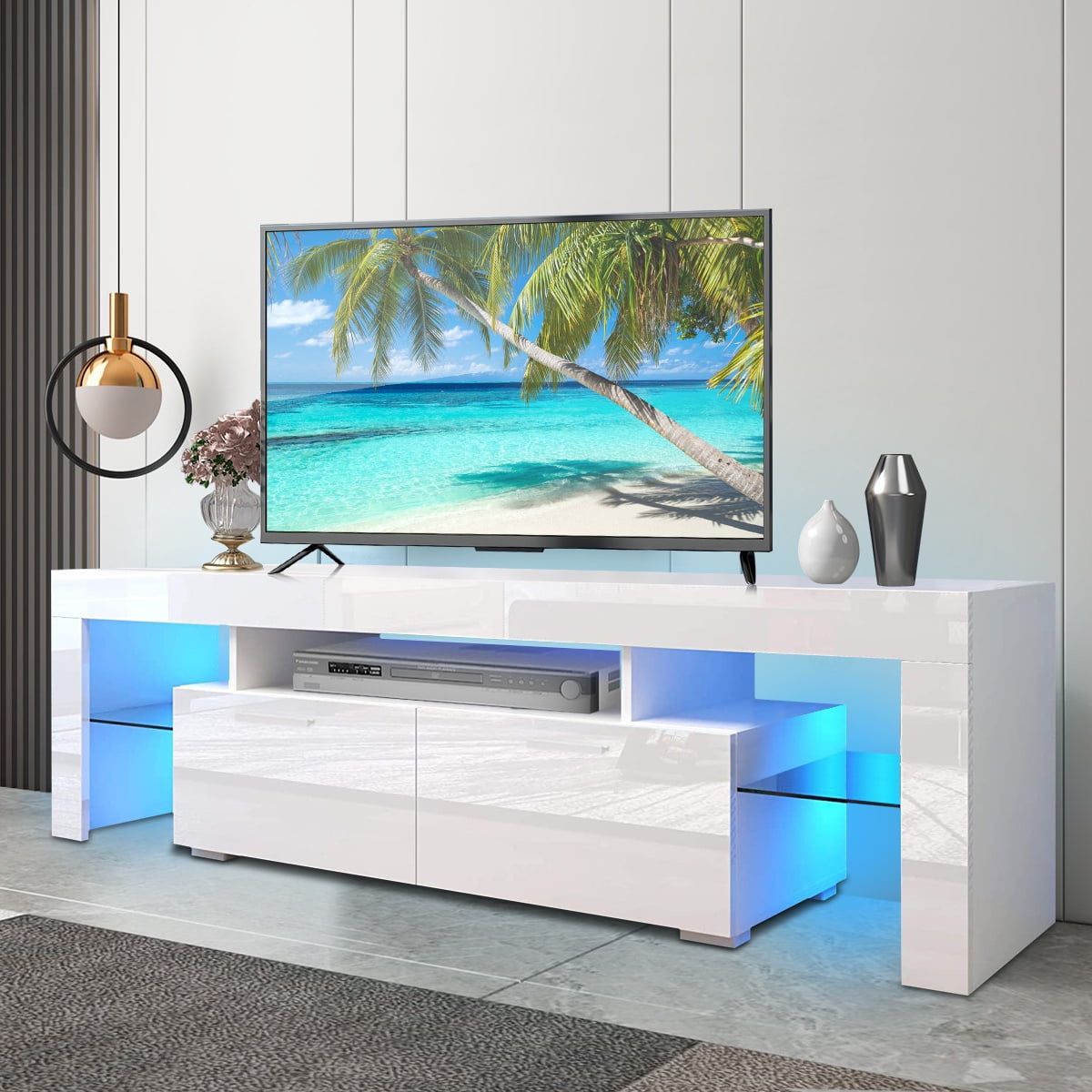 PAPROOS TV Stand for TVs up to 70", High Gloss TV Cabinet with LED Light, Modern TV Console Table with Storage Drawers, Media Television Stand Entertainment Center, White