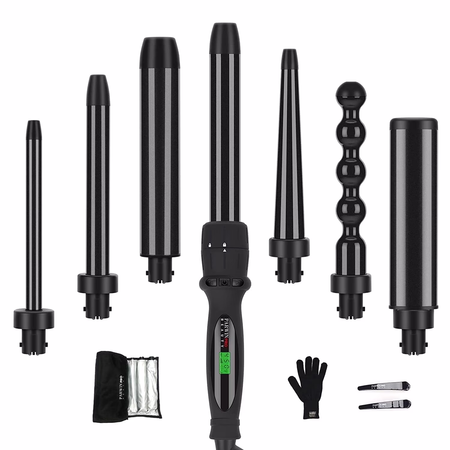 PARWIN PRO BEAUTY 7 in 1 Curling Iron Wand Set,Negative ion Hair Wand with 7 Interchangeable Barrels , Black