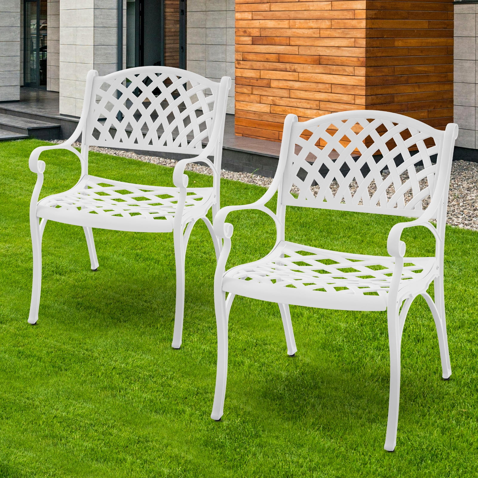 PATIO-IN Cast Aluminum Outdoor Patio Chairs - Set of 2, White