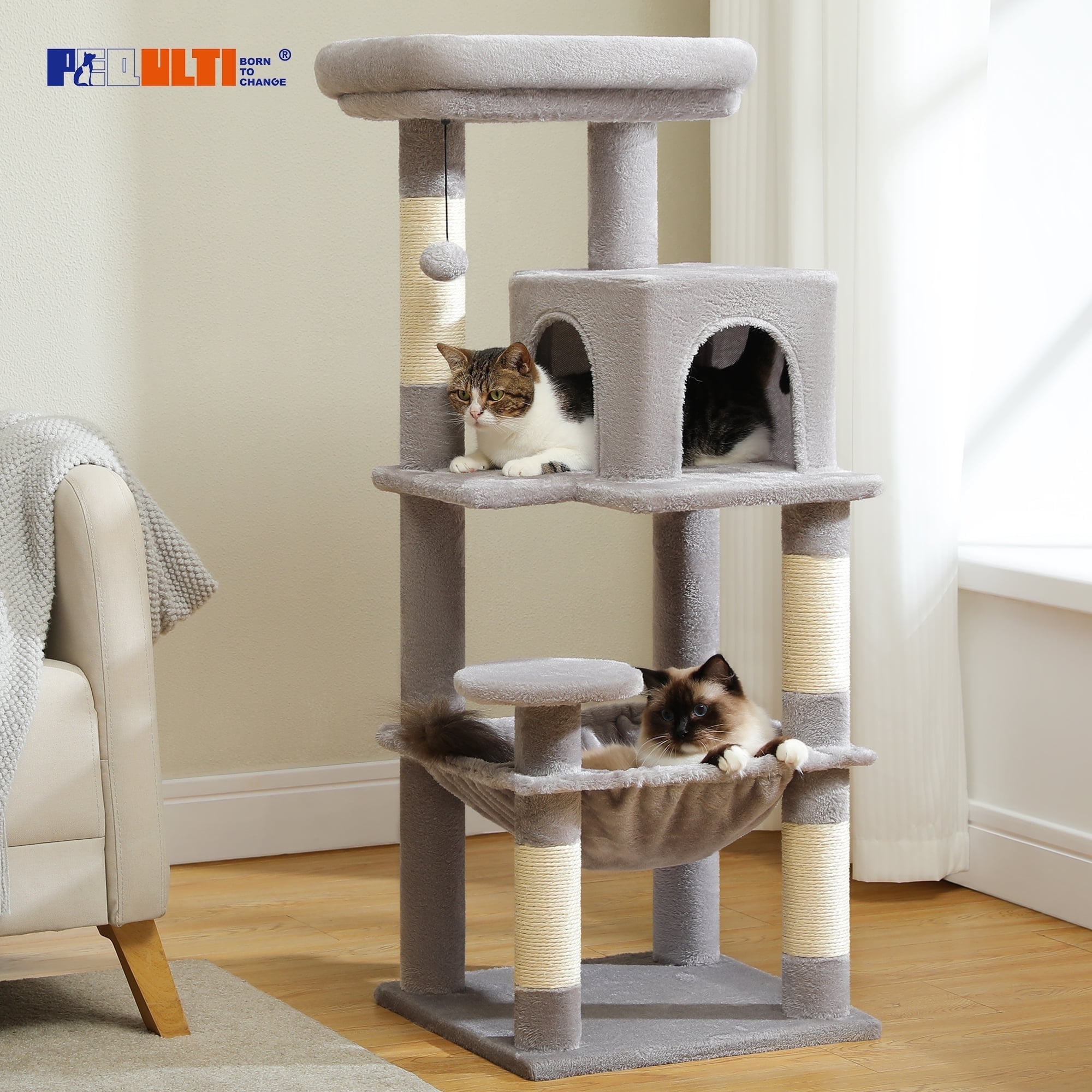 PEQULTI 45.7" Multi-Level Cat Tree Large Cat Tower Indoor with Condo and Hommock Light Gray