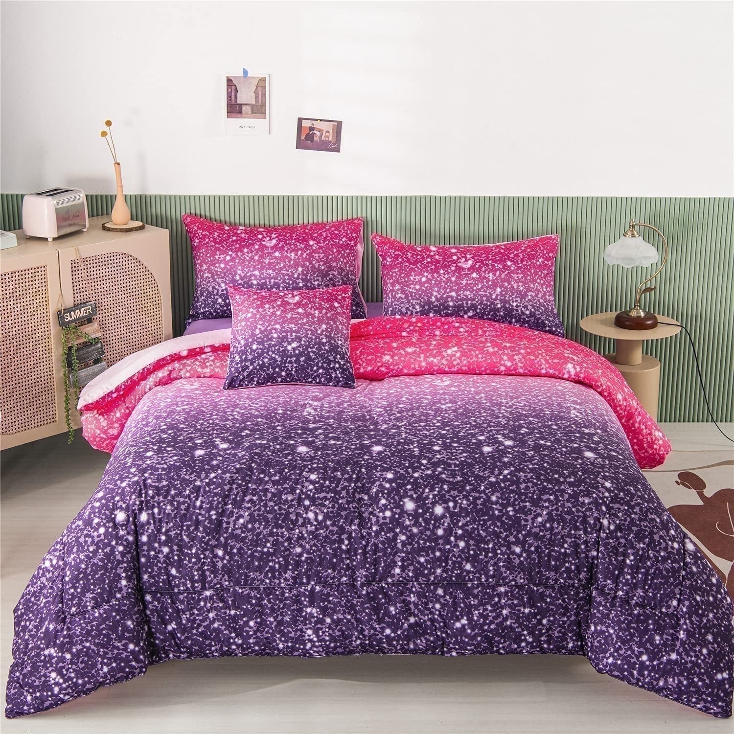 PERFEMET 6 Pieces Twin Size Ultra Soft Girl Comforter Set,Gradient Purple Pink Glitter Bedding for Girls Kids Teens,Galaxy Ombre Bed Set for All Season