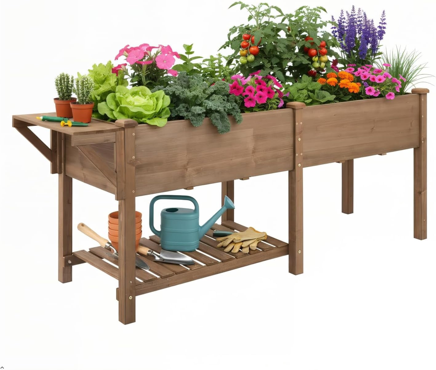 81" Large Raised Garden Bed with Legs, Elevated Planter Box with Liner, Side Table, Storage Shelf & Hanging Hooks for Vegetables & Herbs, Brown