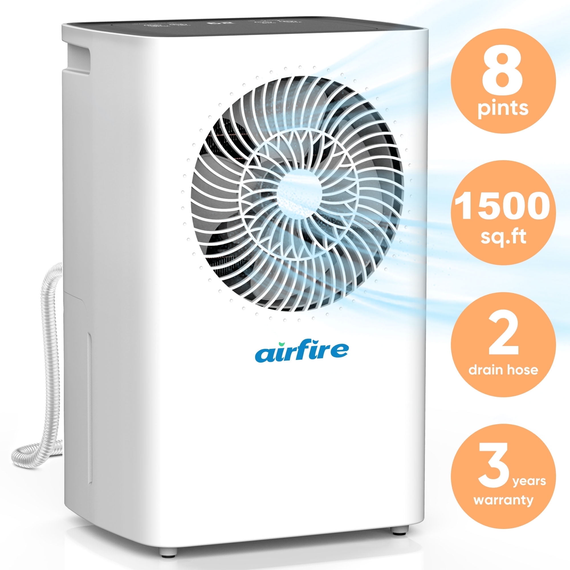 Airfire 8 Pint Dehumidifiers, 1500 Sq.Ft Dehumidifier with Drain Hose, 0.59 Gal Water Tank, Overflow Protection, Dehumidifiers for Home Basement Bedroom Bathroom Laundry Room