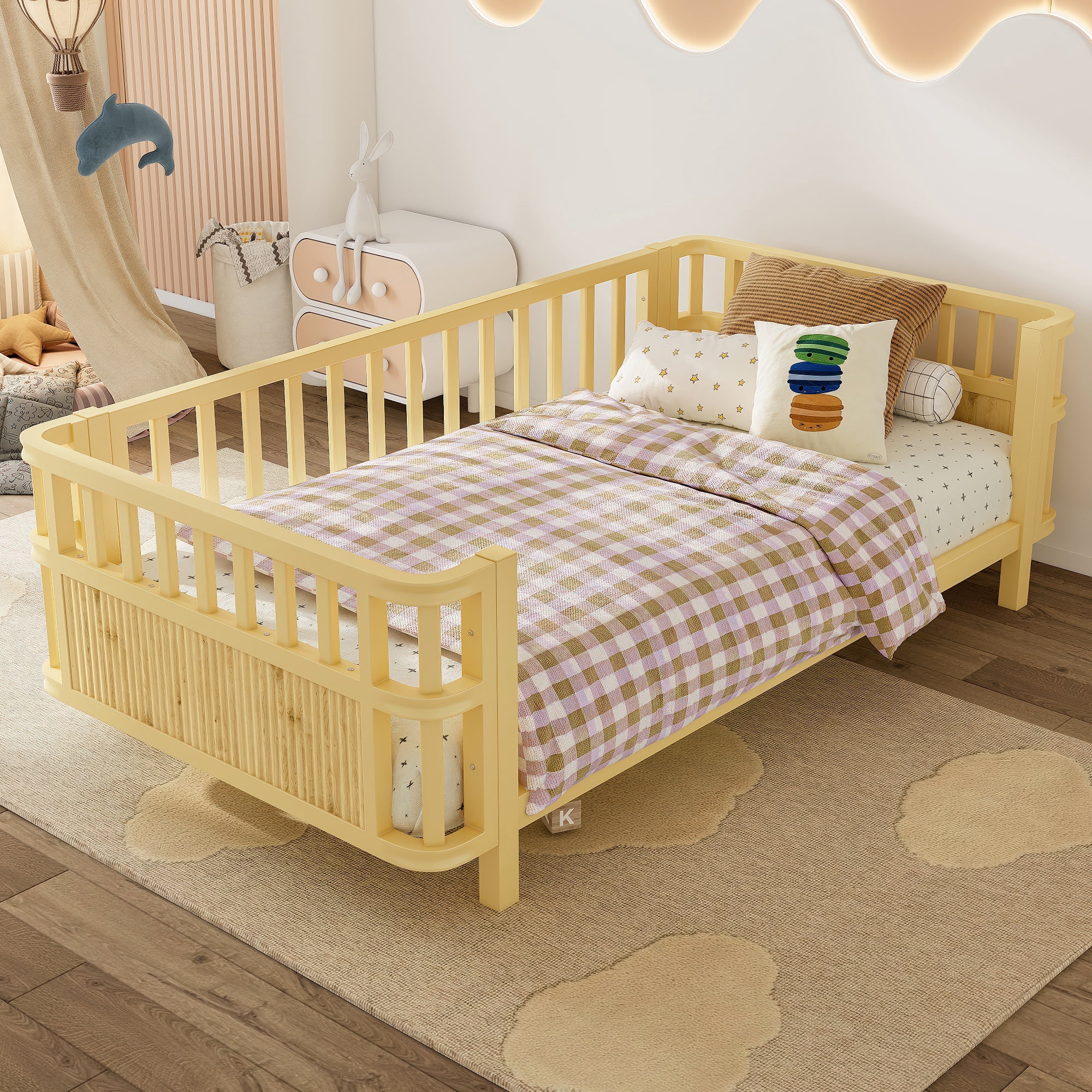 PORKISS Twin Size Platform Bed, Solid Wood Toddler Bed with Fence Guardrail, Twin Size Bed Frame for Kids Boys Girls, Montessori Bed, No Box Spring Needed, Natural