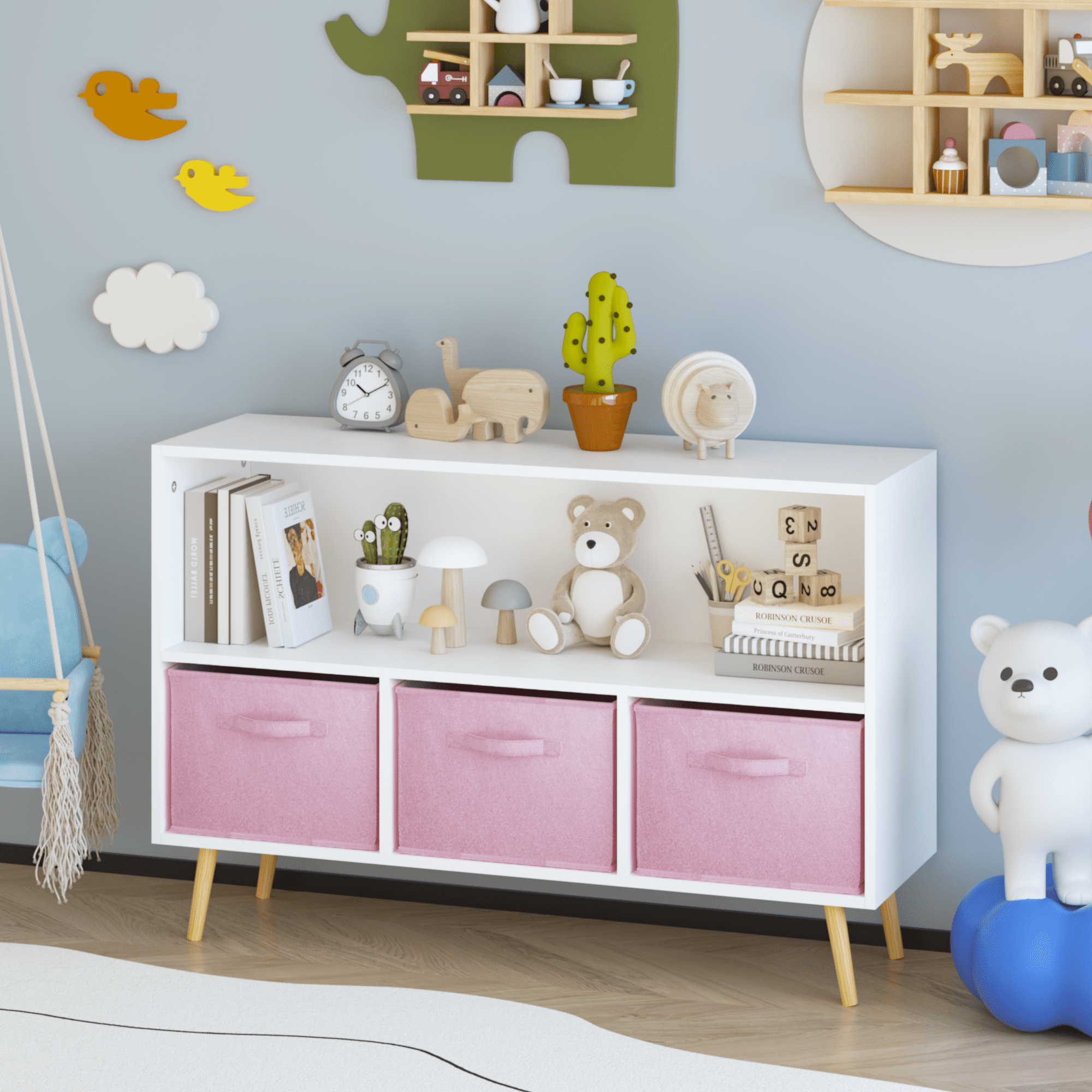 PORKISS Kids Bookshelf, Wood Kids Bookcase with 3 Collapsible Fabric Drawers, Freestanding Bookshelf for Kids, Modern Toy Storage Organizer for Kids Room, Living Room, Easy to Assembly, White/Pink