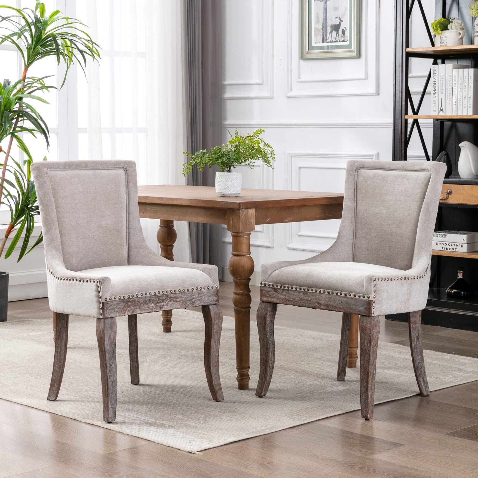 PORKISS Dining Chairs Set of 2, Thickened Fabric Chairs with Solid Wood Legs, Modern Upholstered Dining Chairs, Beige