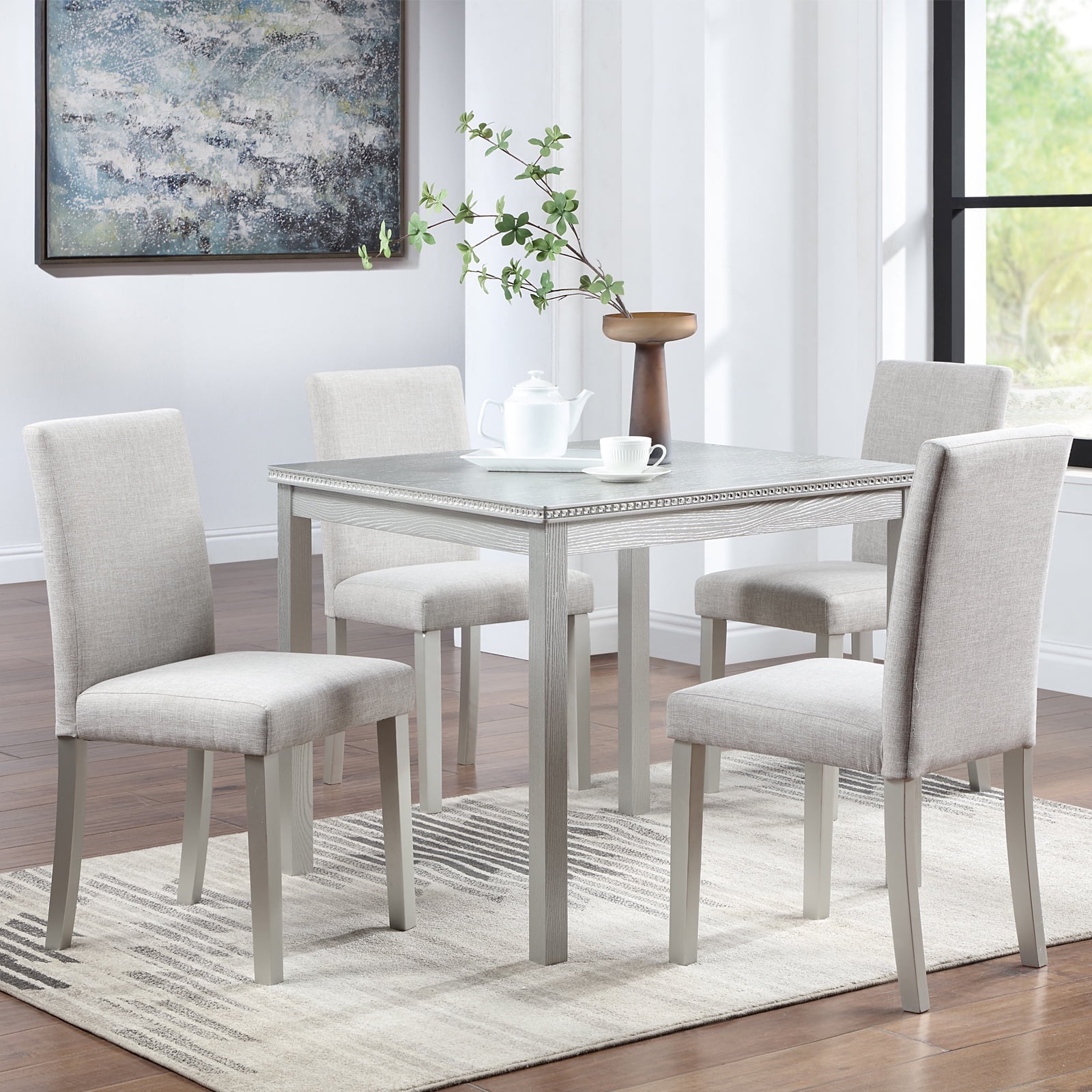 PORKISS Dining Table Set for 4, Solid Wood Dining Room Set with 1 Square Table 4 Upholstered Chairs, Dinner Table with Padded Chairs for Home Kitchen, Gray