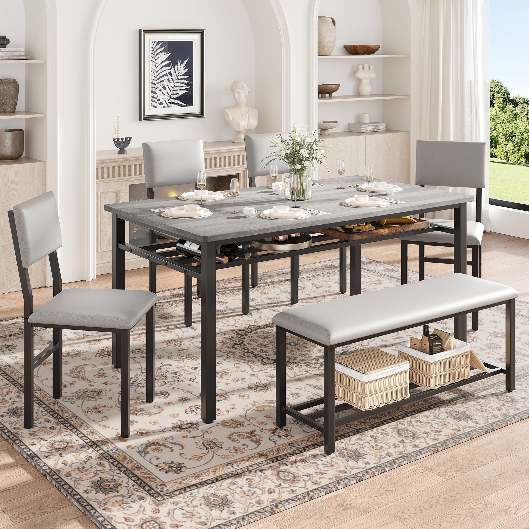 PORKISS Dining Table Set for 6, 6-Piece Dining Room Set with Wooden Table Top, PU Leather Upholstery Chairs and Bench, Kitchen Table and Chairs Set with Metal Frame Storage, Dinette Sets, Gray+Black