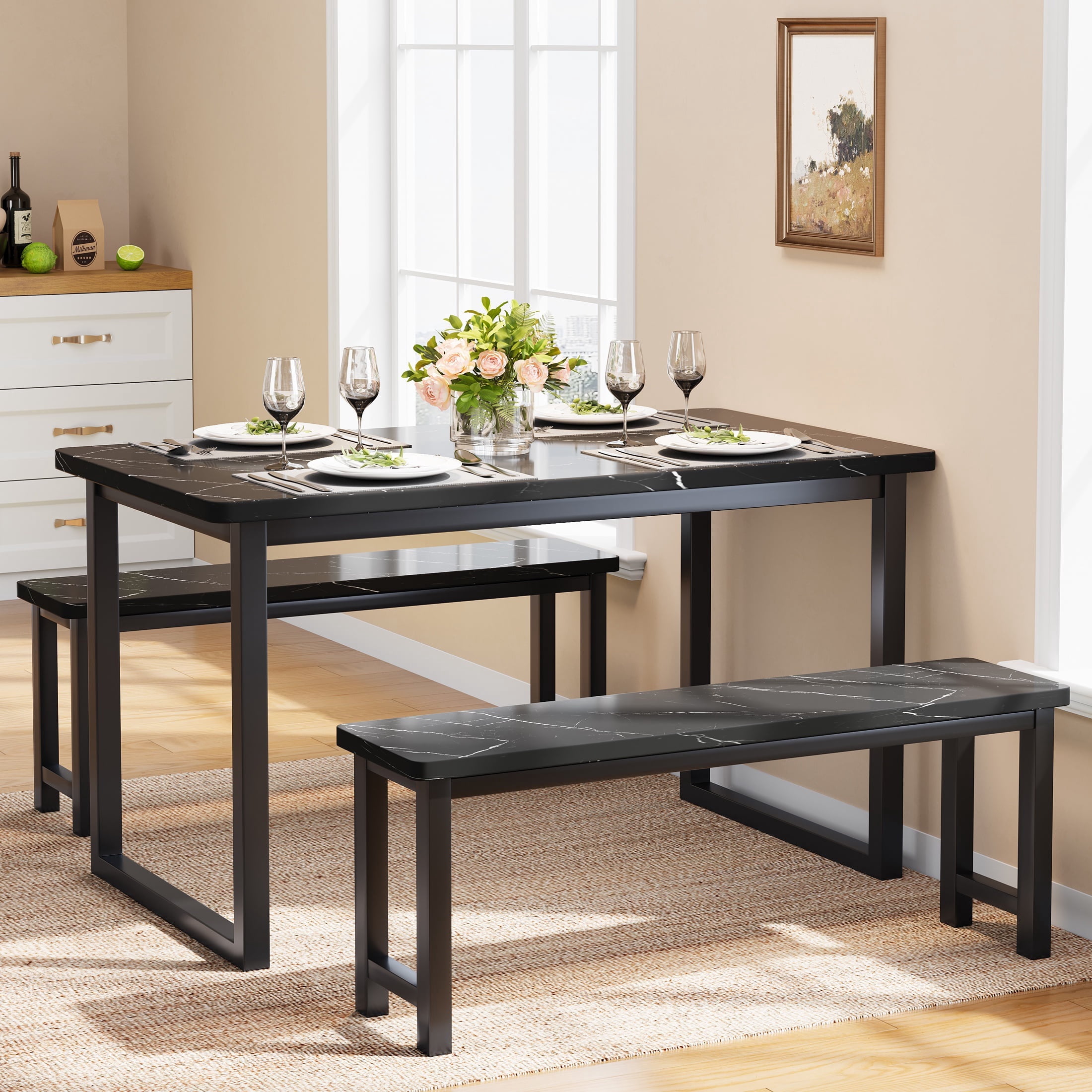PORKISS 47.2" Dining Table Set for 4, Kitchen Table with 2 Benches, Wood Dining Room Dinette Sets with Metal Frame for Breakfast Nook and Small Space - Black