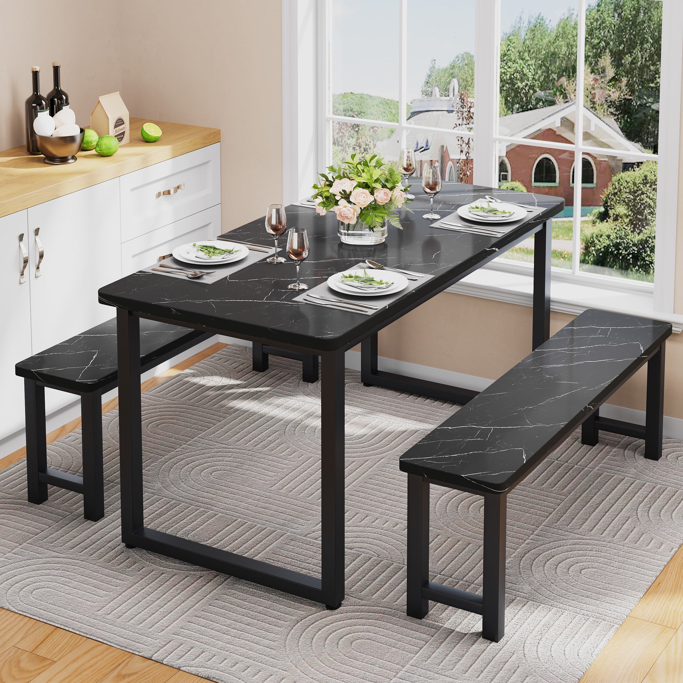 PORKISS 47.2" Dining Table Set for 4, Kitchen Table with 2 Benches, Faux Marble Dining Room Dinette Sets with Metal Frame for Breakfast Nook and Small Space - Black