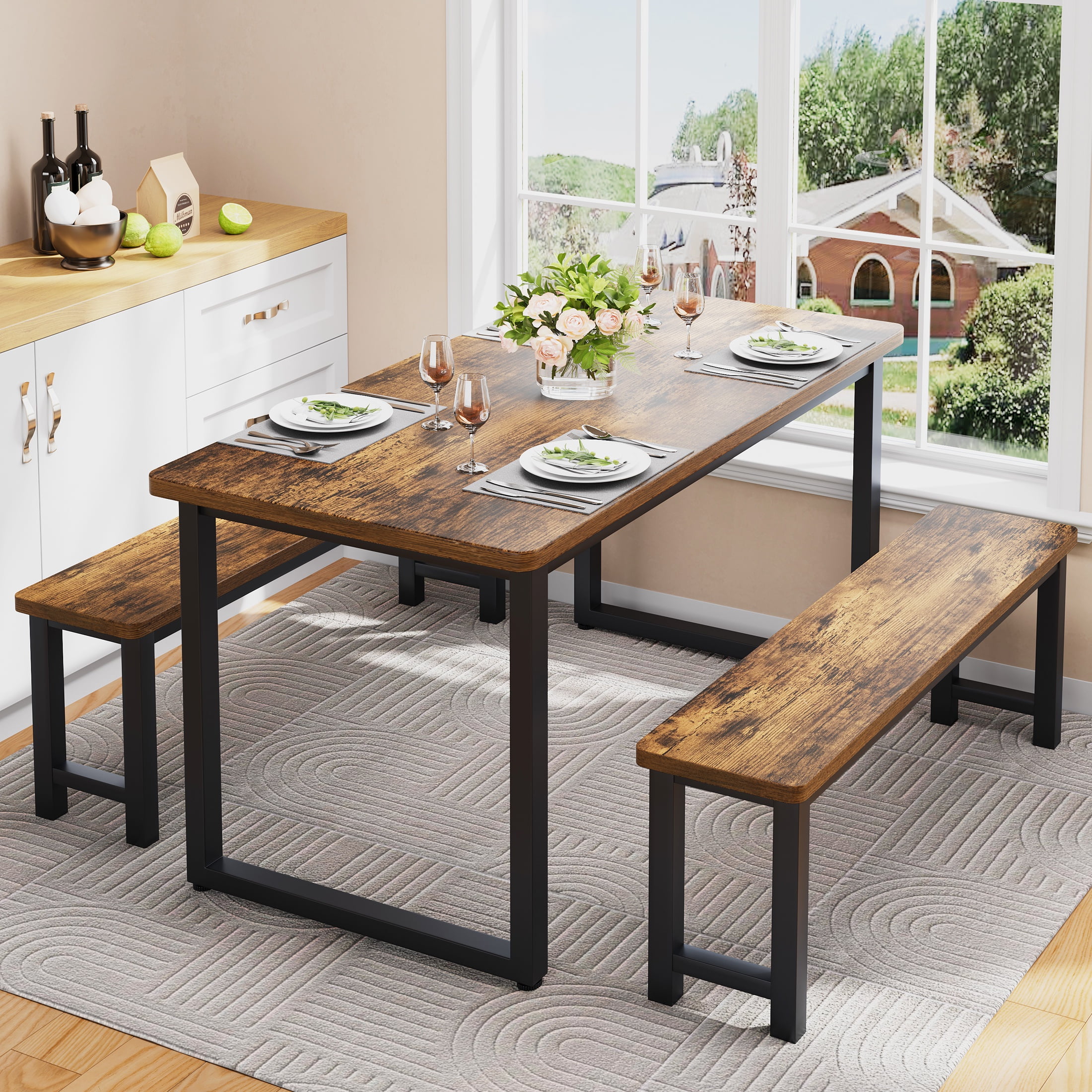 PORKISS 47.2" Dining Table Set for 4, Kitchen Table with 2 Benches, Wood Dining Room Dinette Sets with Metal Frame for Breakfast Nook and Small Space - Brown