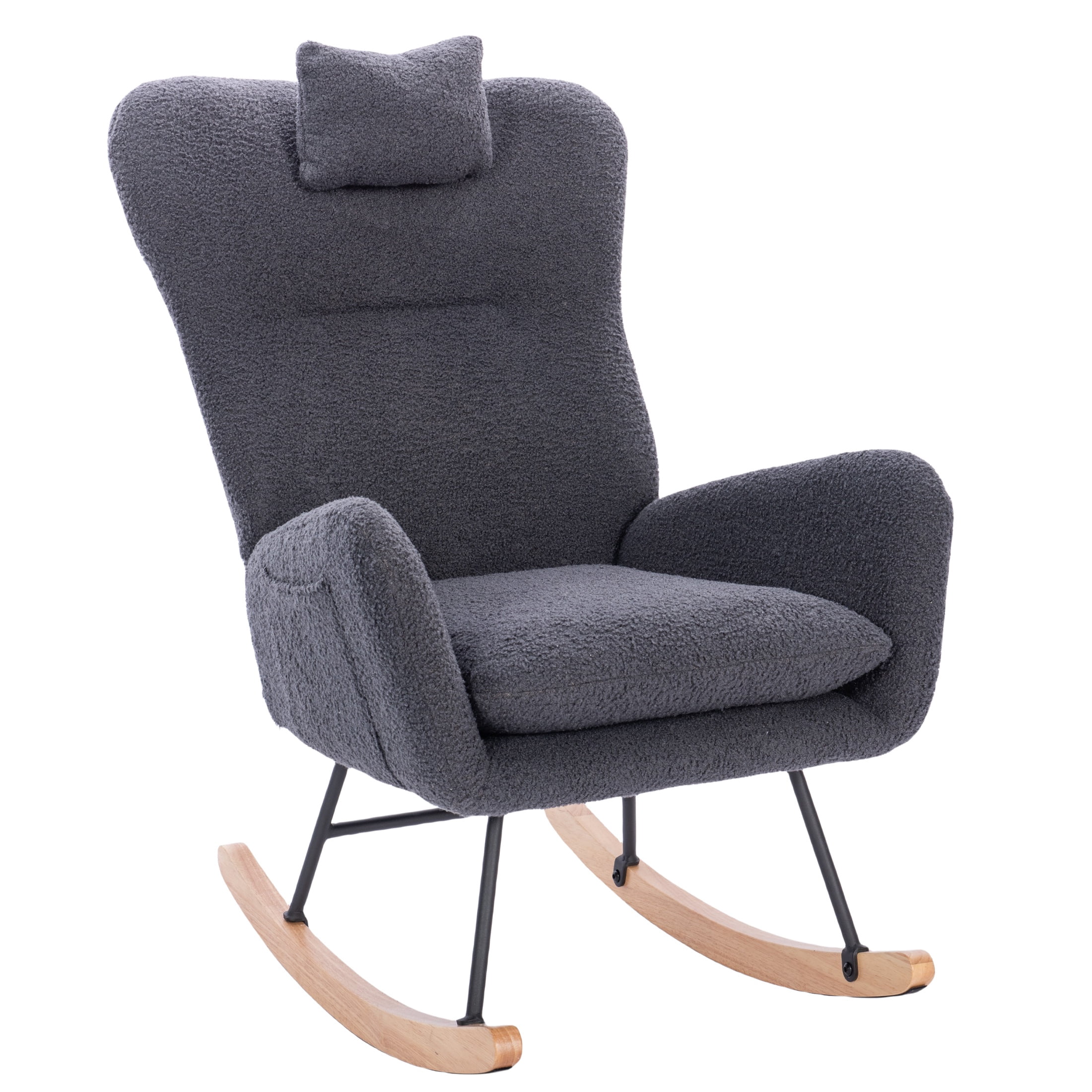 PORKISS Modern Rocking Chair, Upholstered Teddy Fabric Accent Chairs with High Backrest, Glider Rocker Comfortable Armchair with Padded Seat for Living Room Bedroom Playroom, Grey