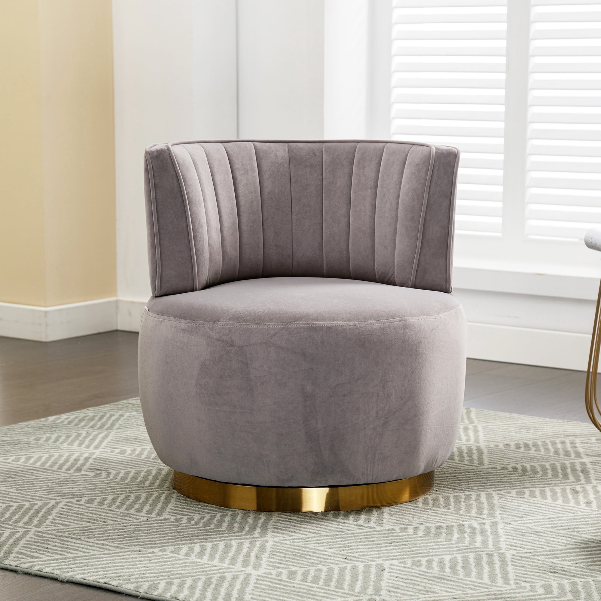 PAPROOS Swivel Accent Chair, Armchair with Velvet Fabric, Barrel Chair with Metal Ring for Living Room, Bedroom, Gray