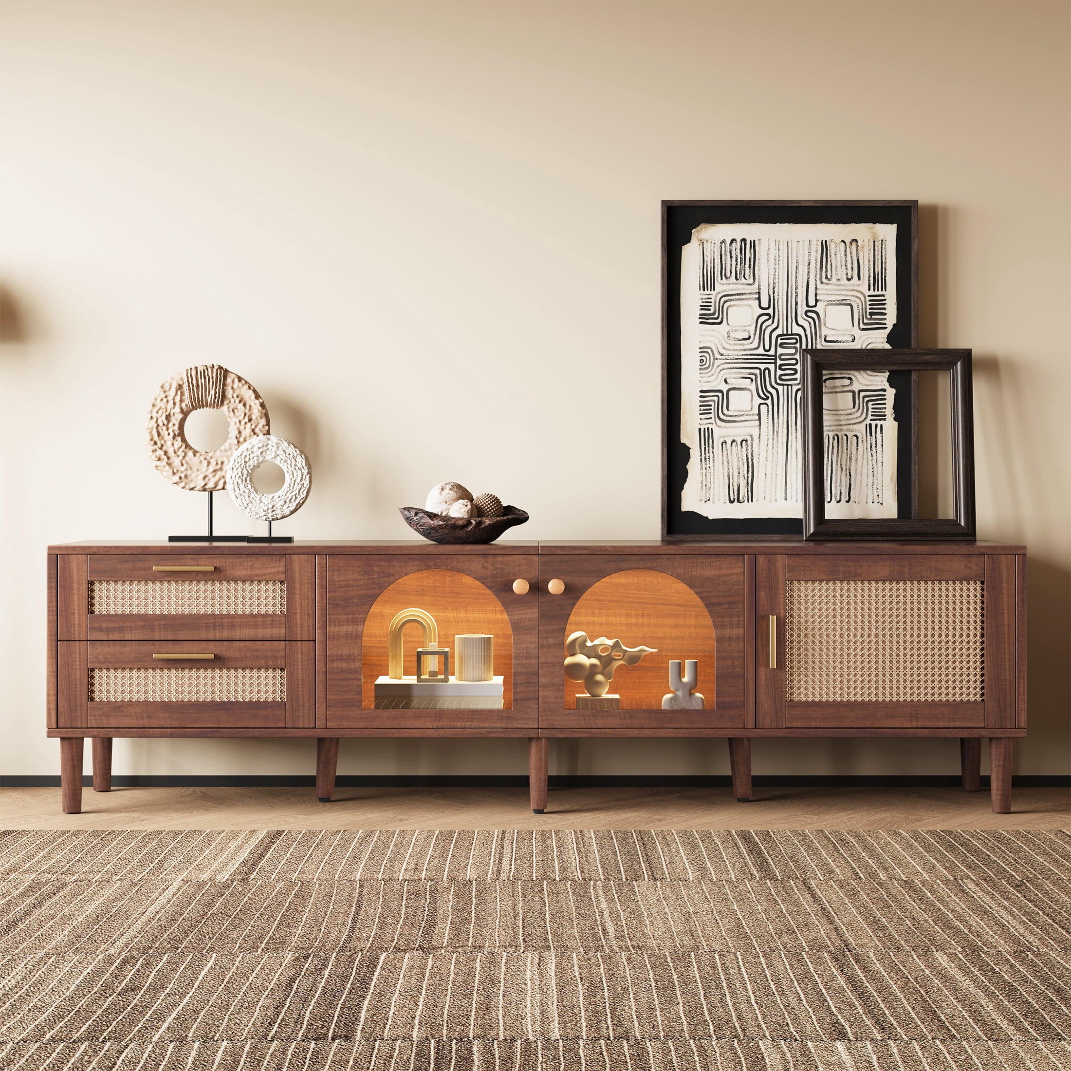 PORKISS LED TV Stand for 80 Inch TV, Entertainment Center with LED Lights and Storage Shelves, Media Console with Glass Transparent Board for Living Room, Dark Brown