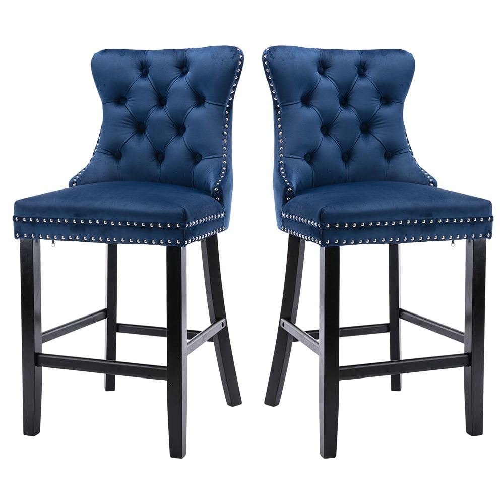 Paproos Upholstered Bar Stools Set of 2, Velvet Barstools with Wood Legs and Tufted, Modern Leisure Counter Height Bar Chairs with Chrome Nailhead Trim for Home Pub and Kitchen Island, Blue