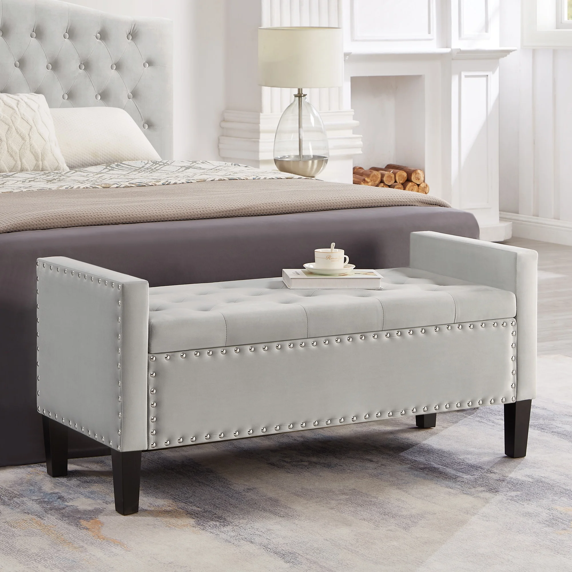 PORKISS Velvet Storage Bench, Upholstered Tufted Button Storage Ottoman with Nails Trim, Modern End of Bed Seat with Armrest for Living Room, Bedroom, Entryway, Gray