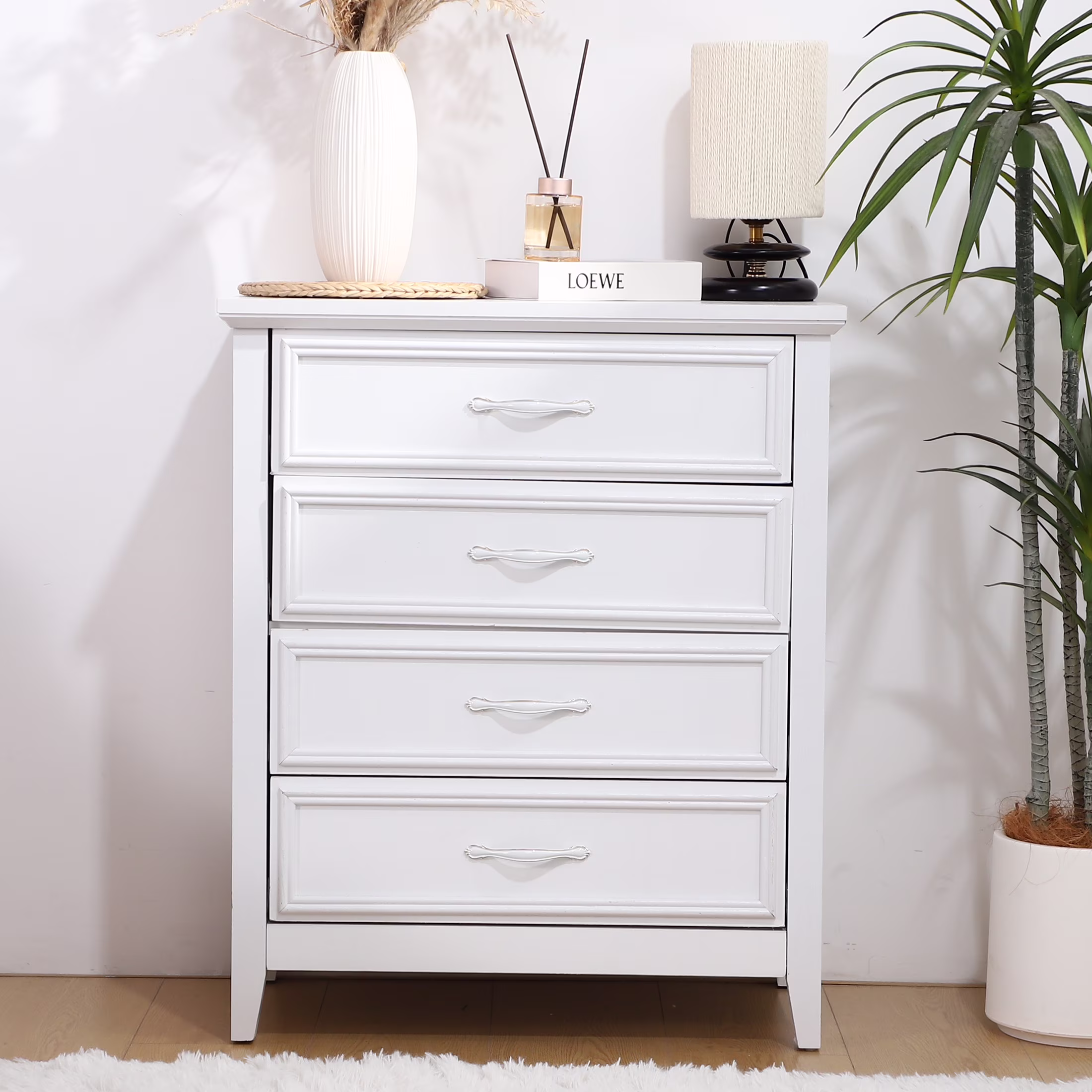 PORKISS White 4 Drawer Dresser for Bedroom, Wood Chest of Drawers with Sturdy Frame, Anti-Collision Device, Modern Storage Cabinet Dresser Organizer with Metal Handle for Closet, Living Room, Hallway