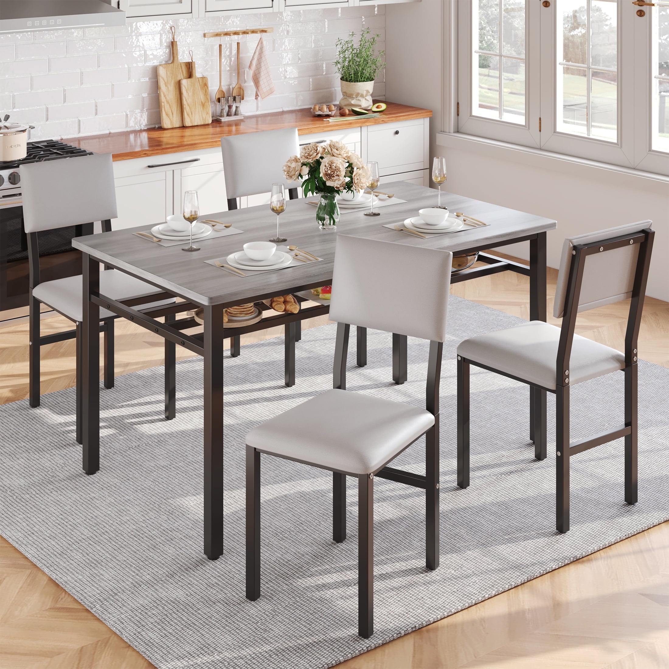 PORKISS 5-Piece Dining Table Set for 4, Modern Dining Table with 4 PU Leather Chairs, Gray + Black