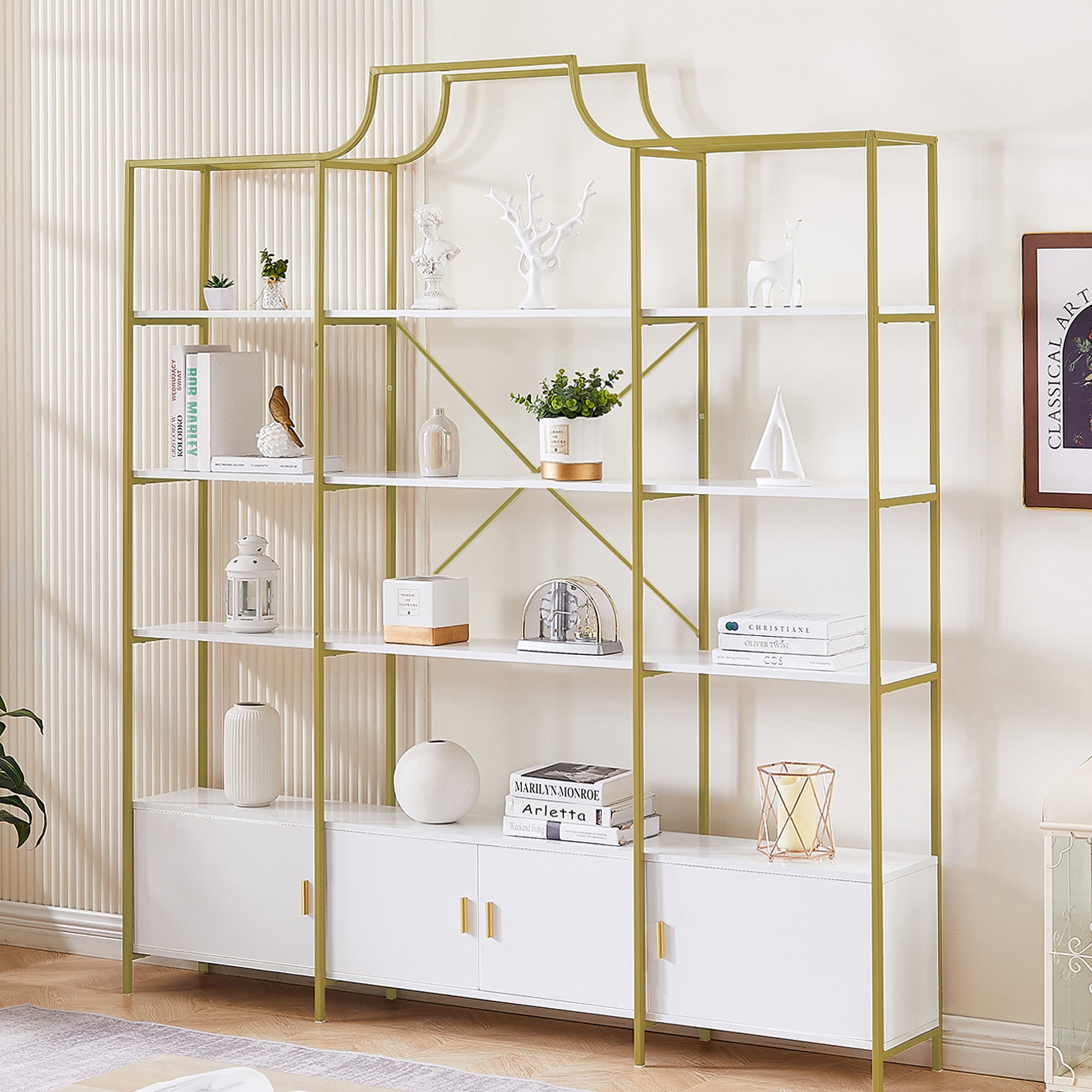 PORKISS 4 Tiers Bookcase Bookshelf with Storage, Modern Tall Display Storge Shelf with Cabinets and X-Bar Frame, Freestanding Etagere Bookcase for Living Room, Home Office, Gold/White