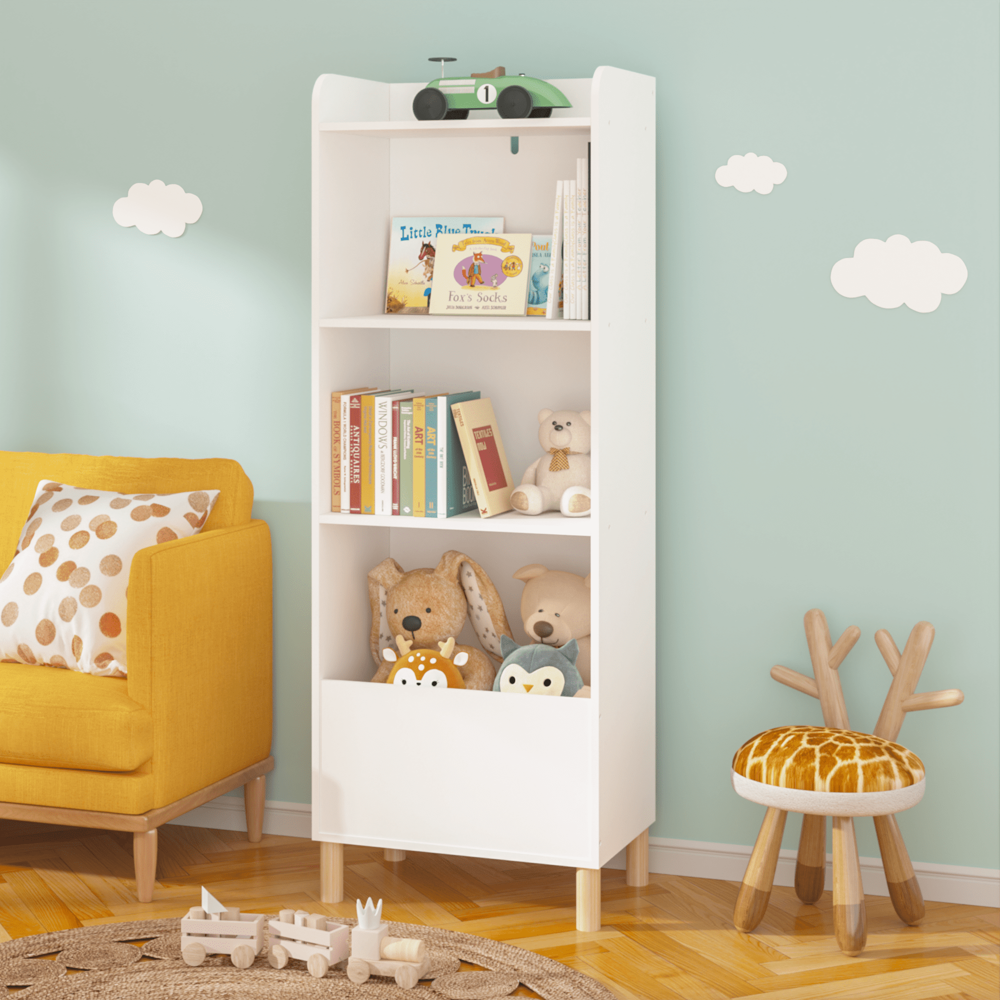 PORKISS 4 Tier Bookshelf for Kids, Wooden Kids Bookcase with Toy Storage, Modern Toy Organizer for Bedroom, Playroom, Nursery, White