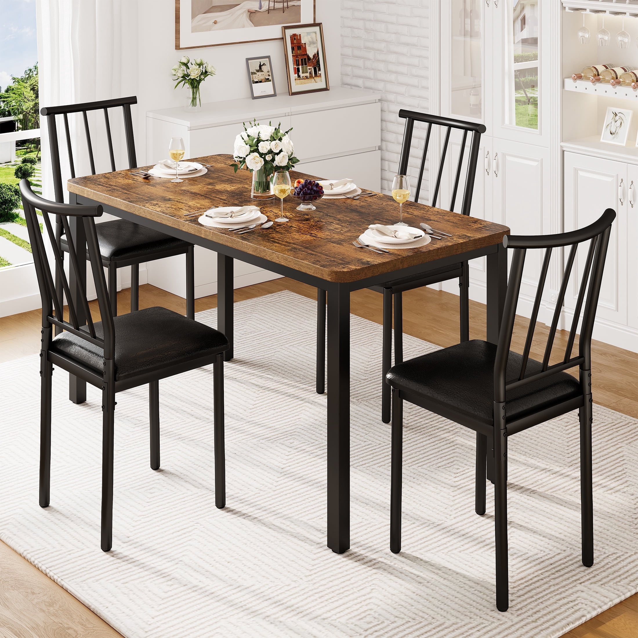 PORKISS Dining Table Set for 4, Modern Dining Table with 4 PU Leather Chairs, Modern Kitchen Table Set with Storage for Breakfast Nook, Cafeteria Dining Room, Brown+Black