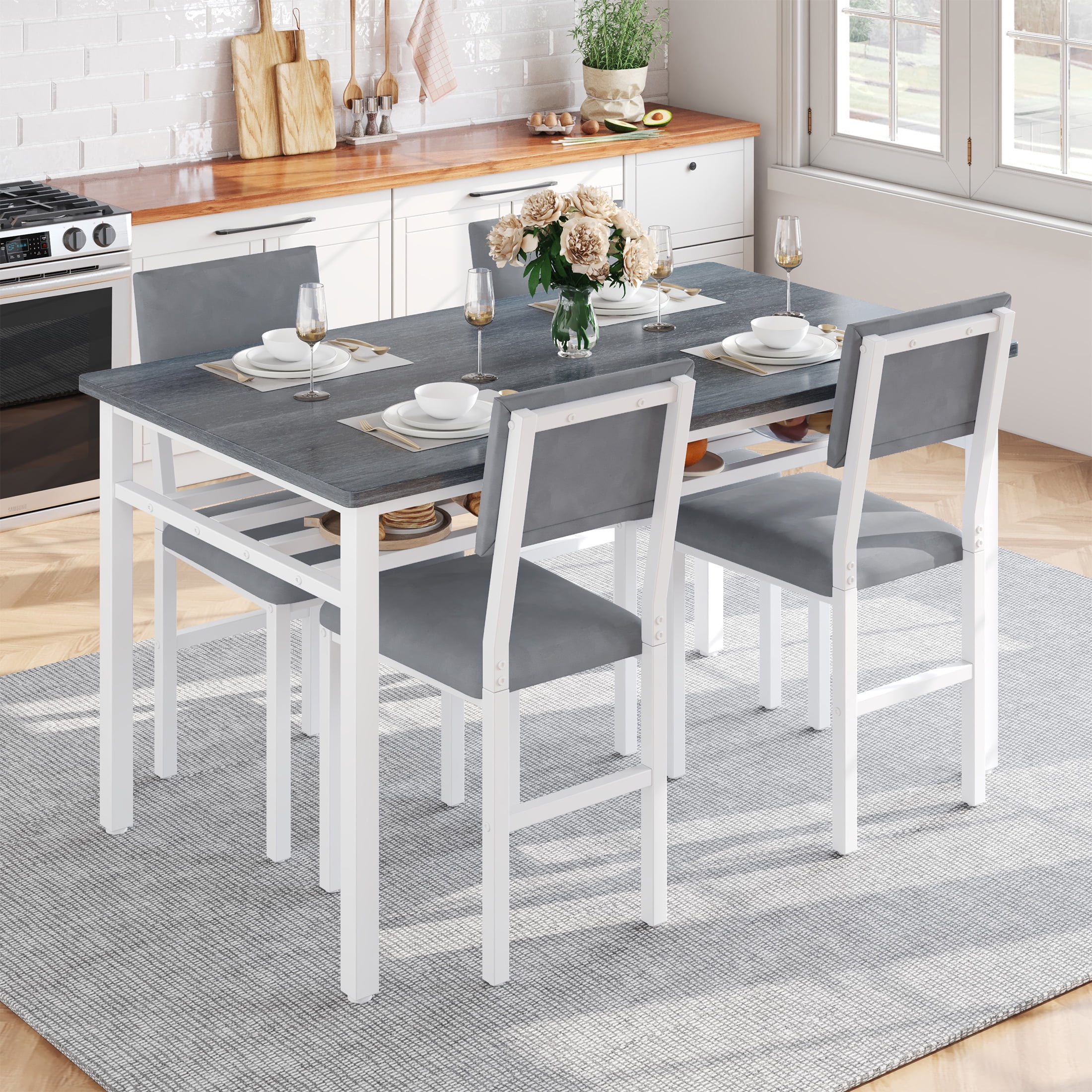 PORKISS Dining Table Set for 4, Modern Dining Table with 4 Velvet Chairs, Modern Kitchen Table Set with Storage for Breakfast Nook, Cafeteria Dining Room, Gray+White