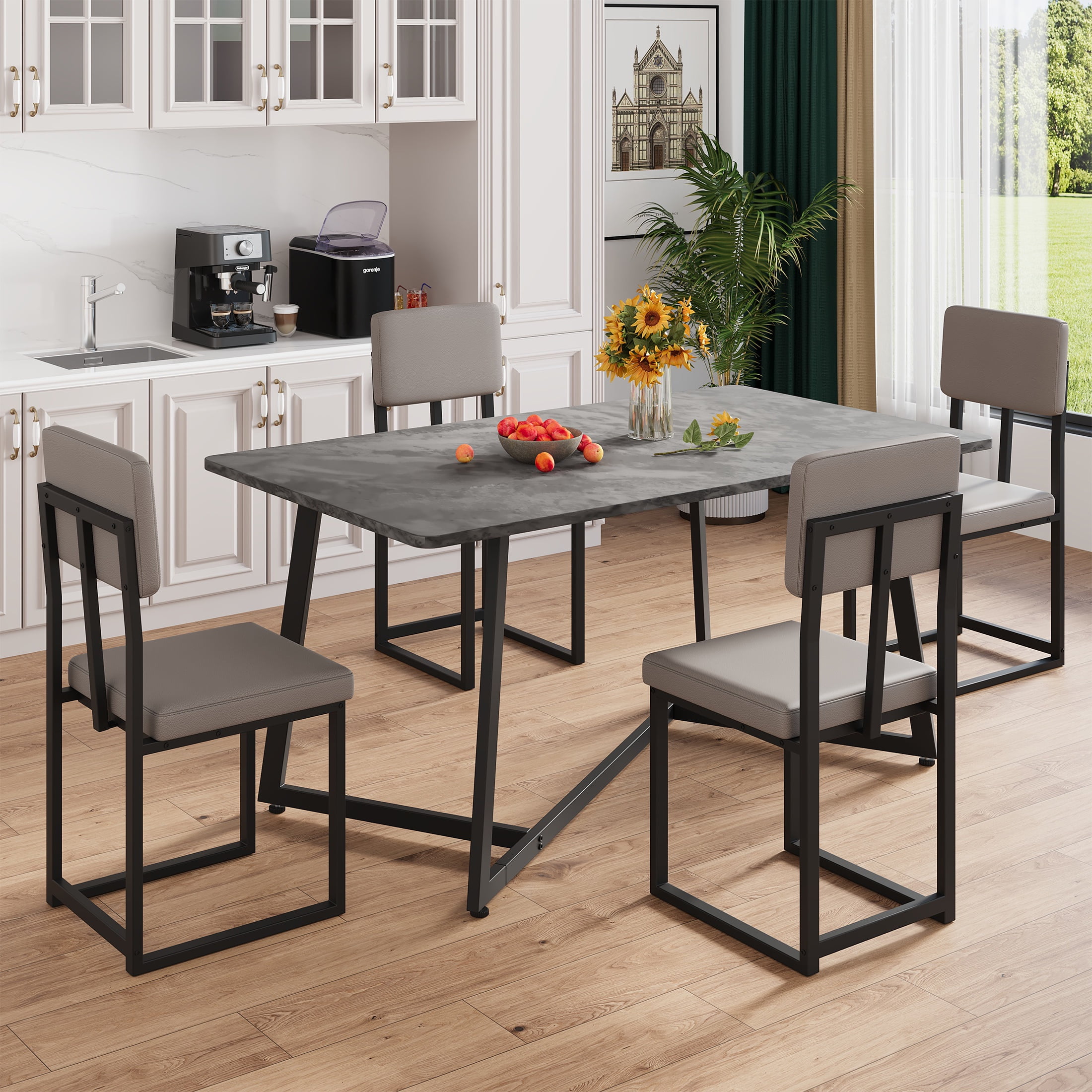 PORKISS 5 Piece Dining Table and Chair Set, Kitchen Dining Room Table Set with Faux Marble Table PU Leather Chairs, Rectangle Dining Table Set for 4, Dinette Set for Small Space, Gray + Black